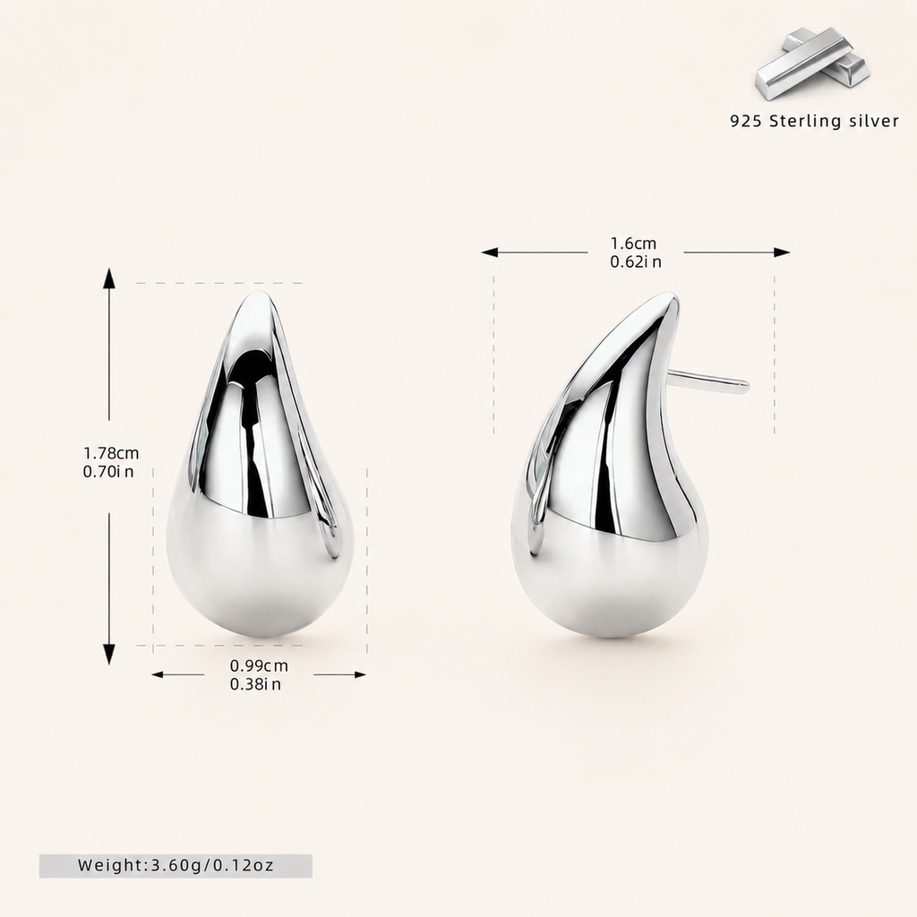 Sterling Silver Teardrop Stud Earrings - Platinum / Large