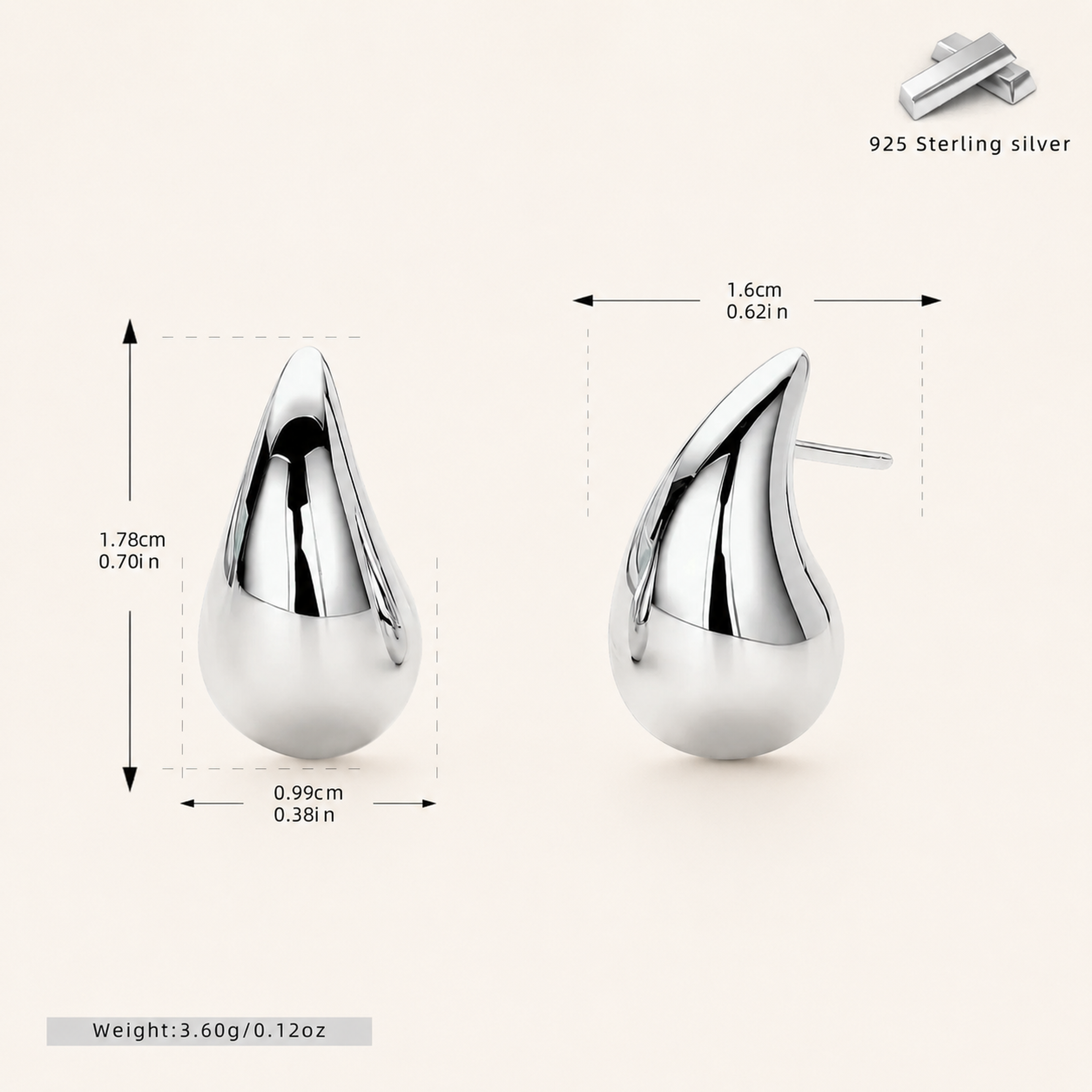 Sterling Silver Teardrop Stud Earrings - Platinum / Large