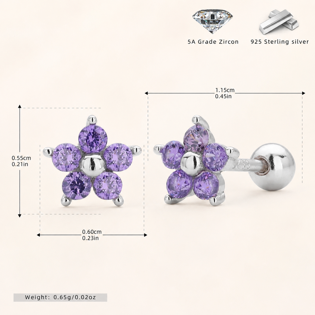 Sterling Silver Five-Point Star Zirconia Flat Back Earrings - Platinum / Purple