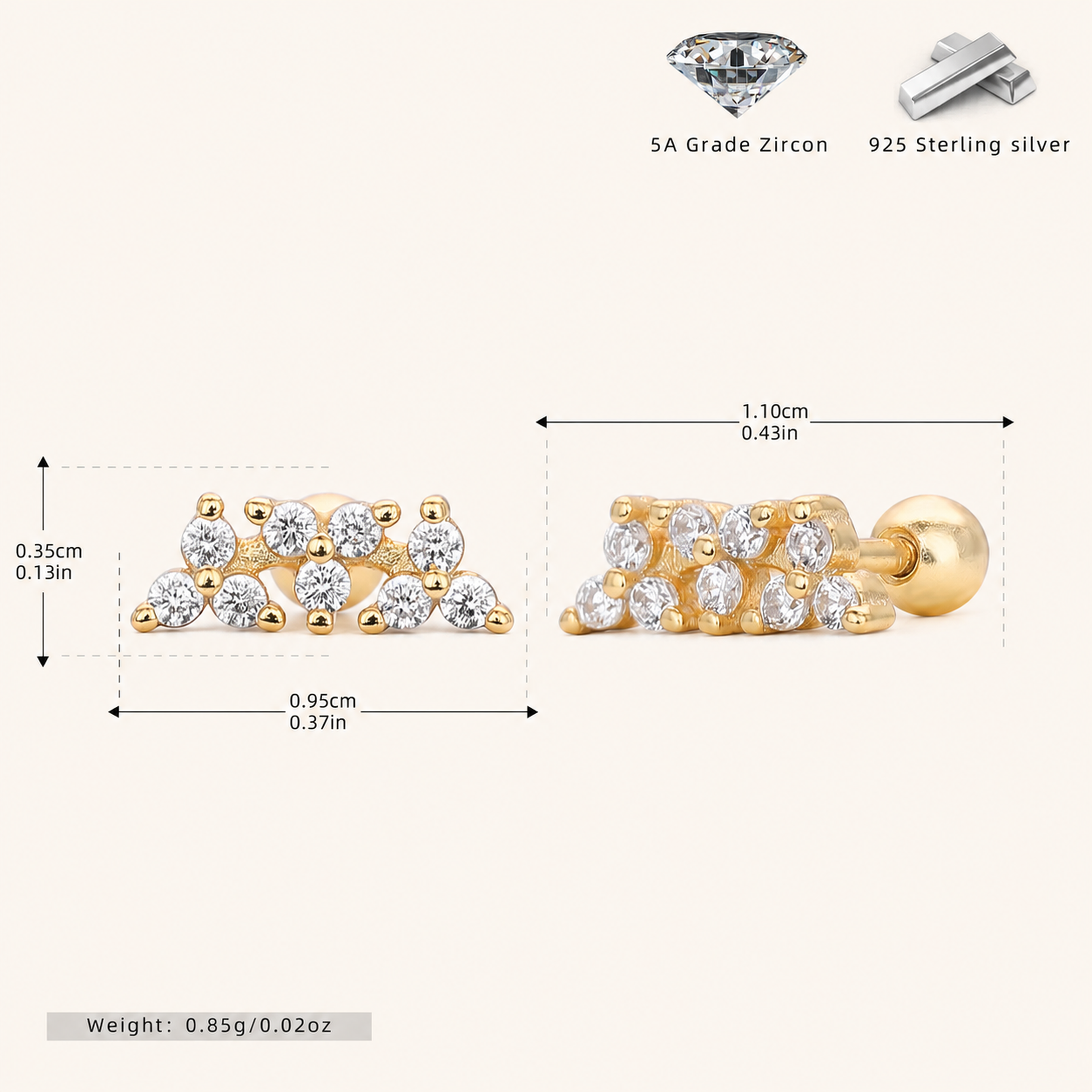 Sterling Silver Twisted Zirconia Ball Cartilage Flat Back Earrings - Gold
