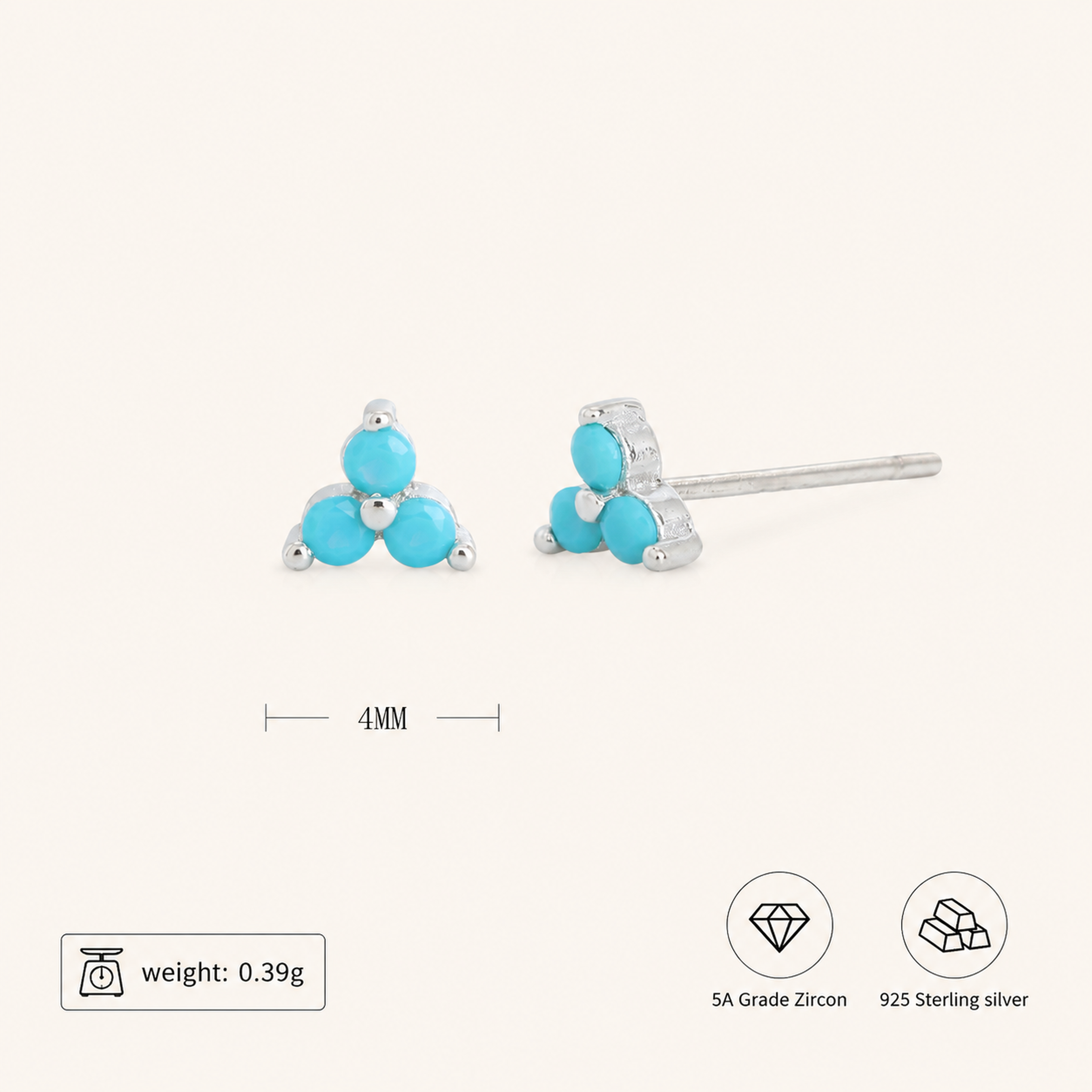 Sterling Silver Triangle Zirconia Stud Earrings - Platinum / Turquoise