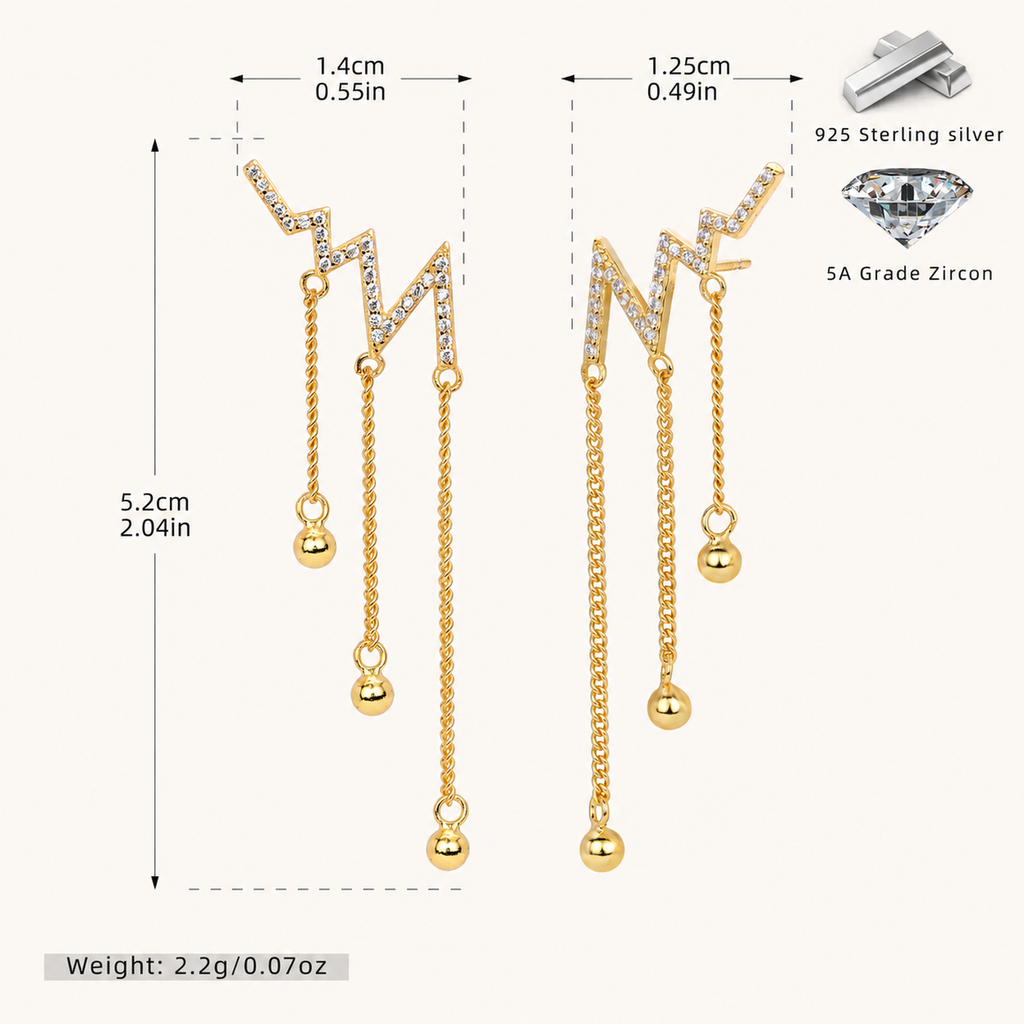 Sterling Silver Heartbeat Zirconia Drop Stud Earrings - Gold