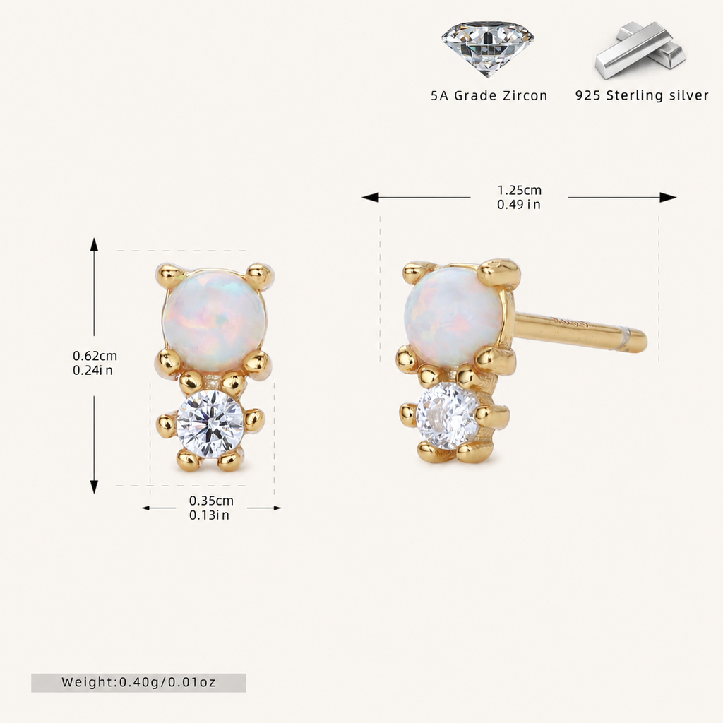 Sterling Silver Round Opal Stud Earrings - Gold / White