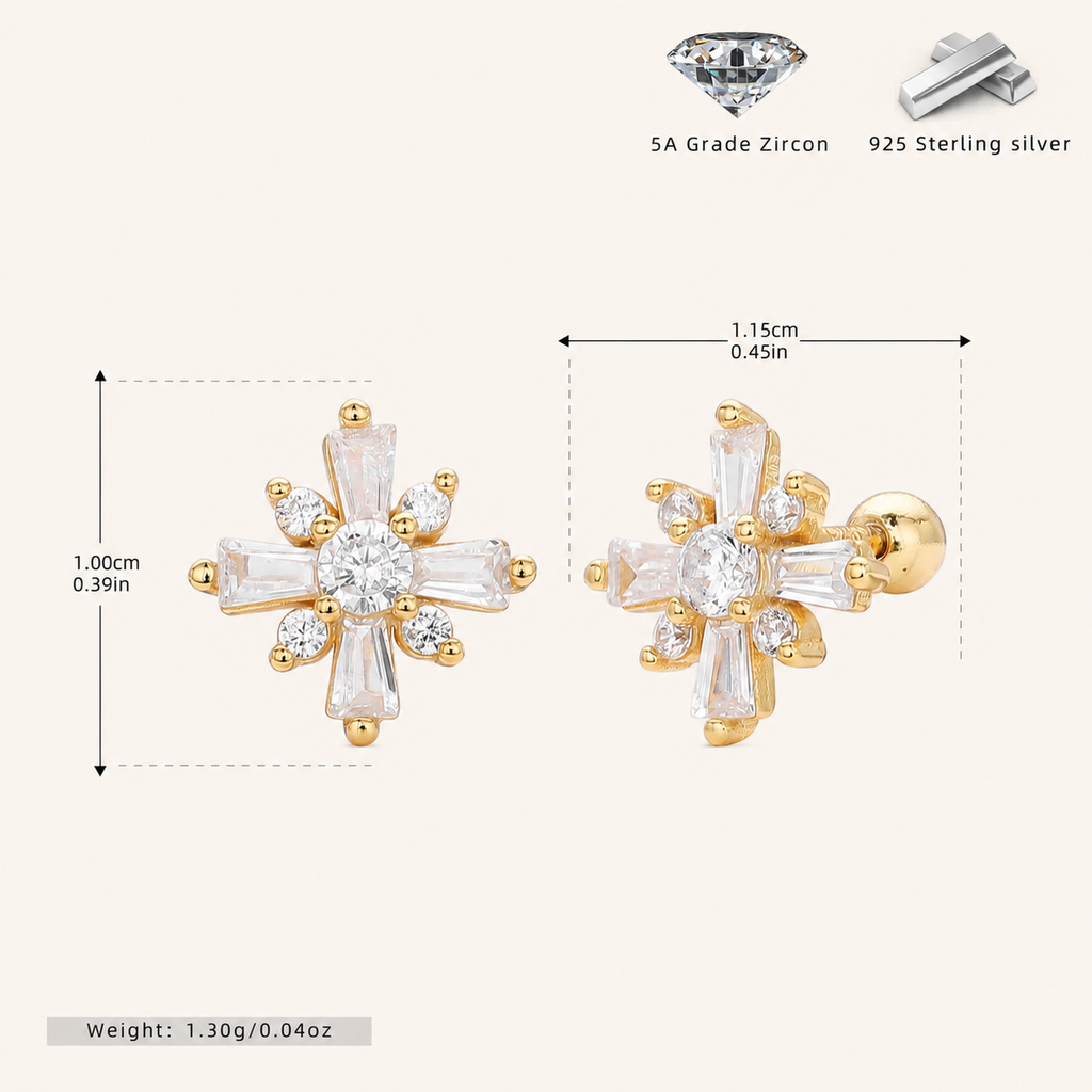 Sterling Silver Rice Flower Zirconia Flat Back Earrings - Gold