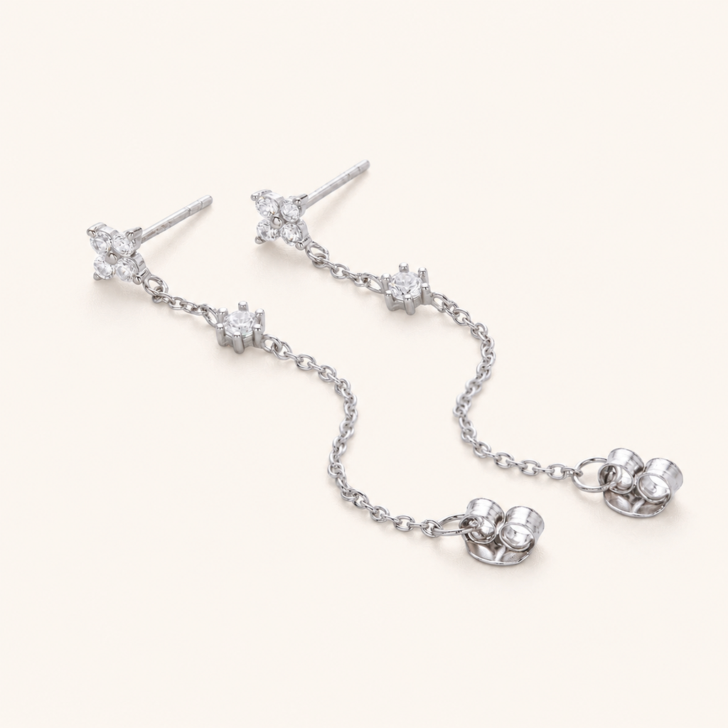 Sterling Silver Flower Zirconia Chain Drop Stud Earrings detail view