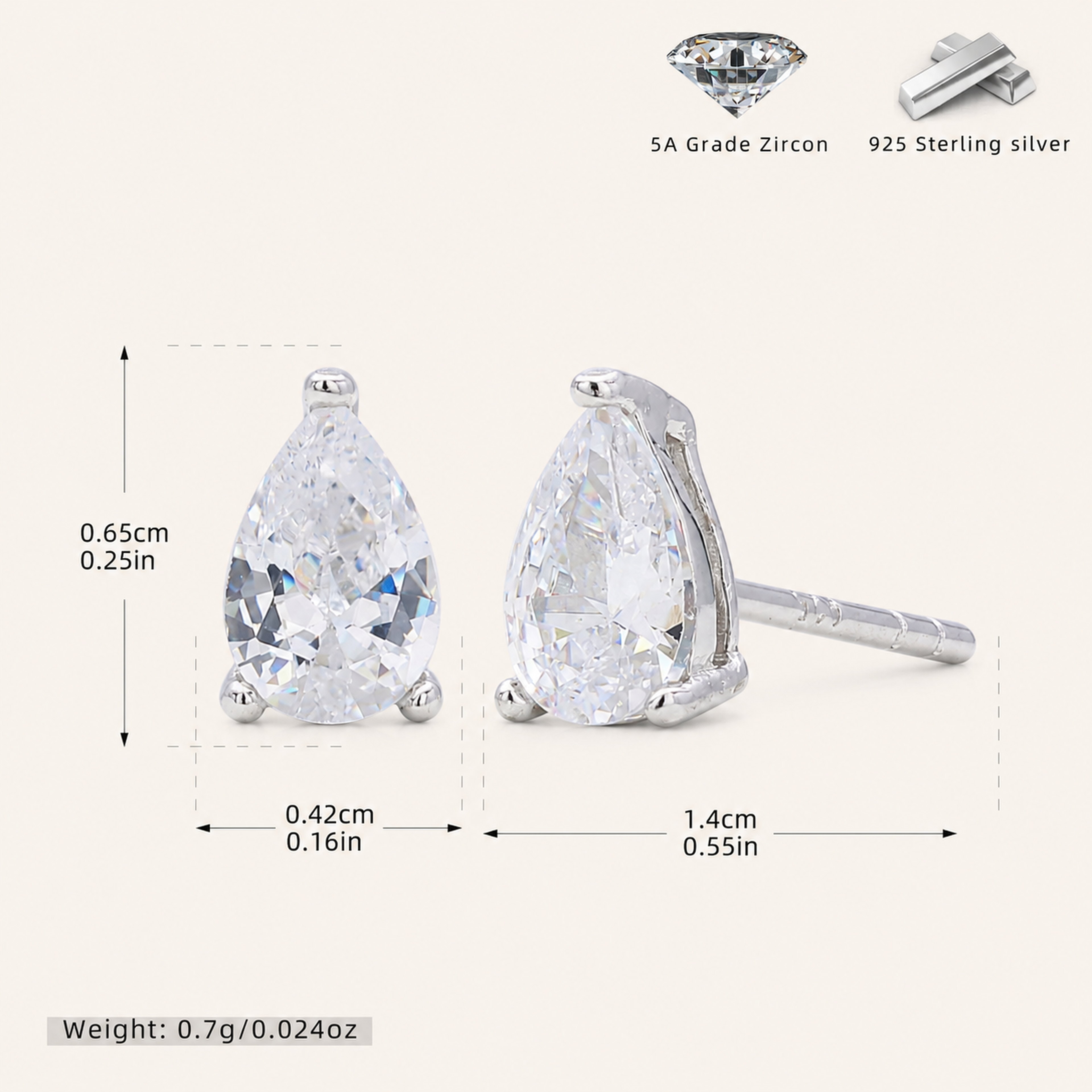 Sterling Silver Teardrop Zirconia Stud Earrings - Platinum