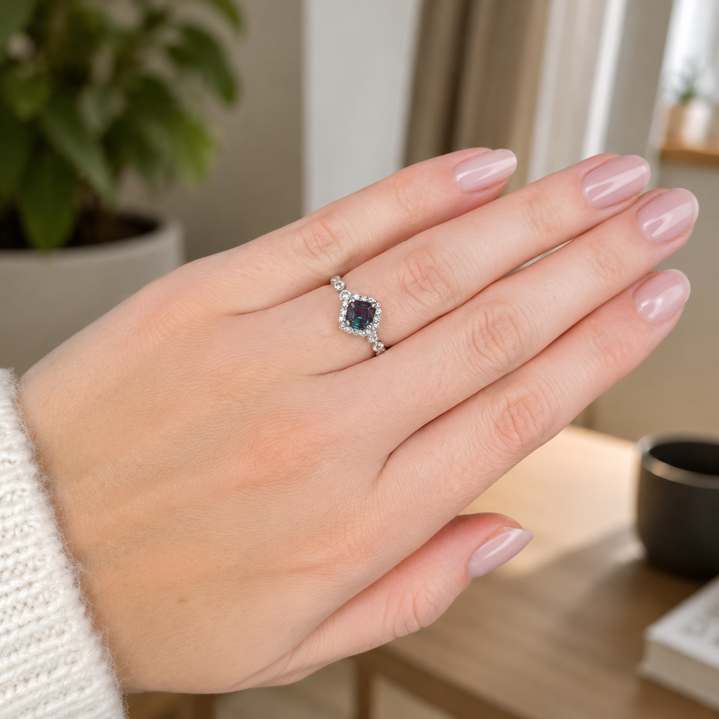 Woven Halo Lab-Grown Alexandrite Ring worn on hand