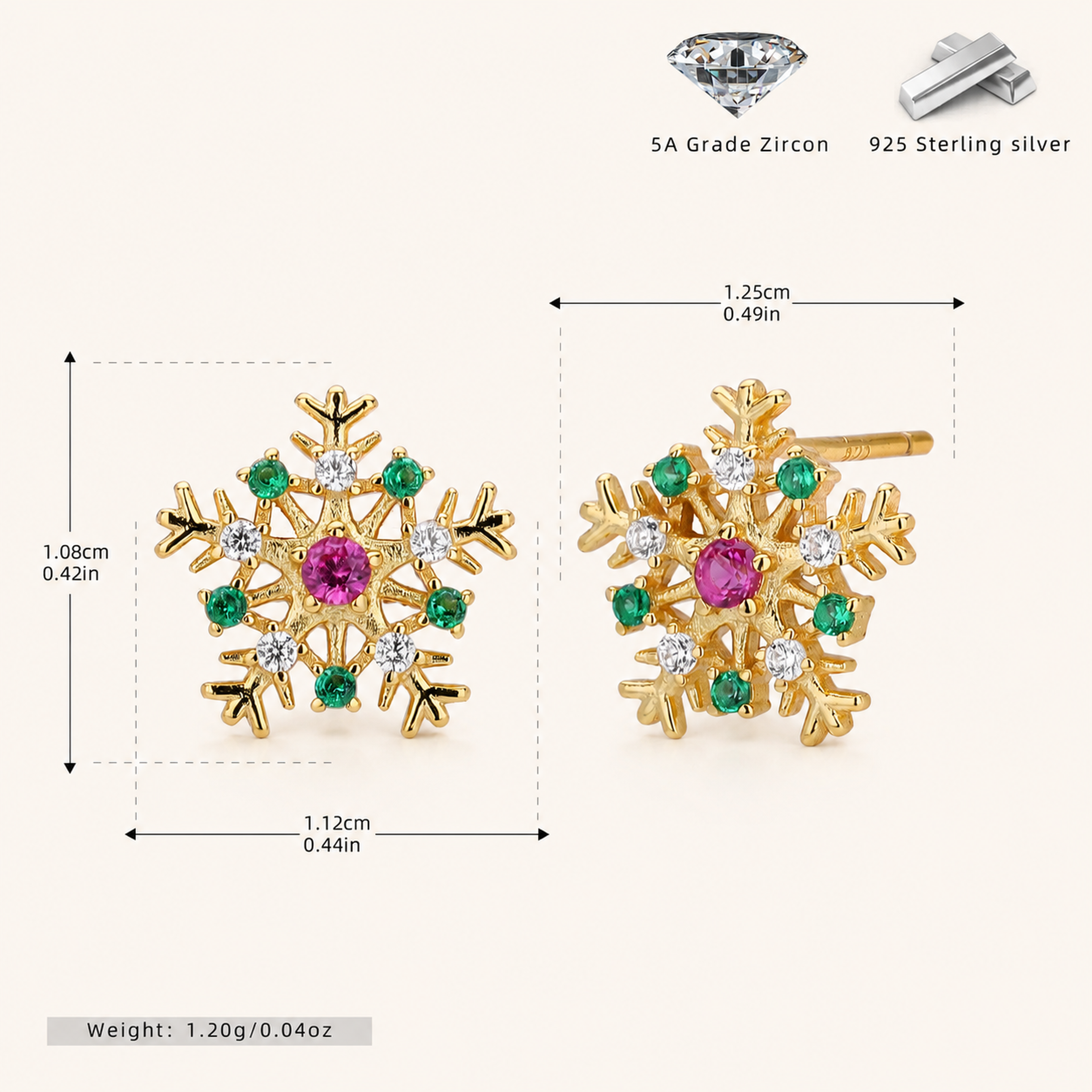 Sterling Silver Christmas Snowflake Stud Earrings - Gold