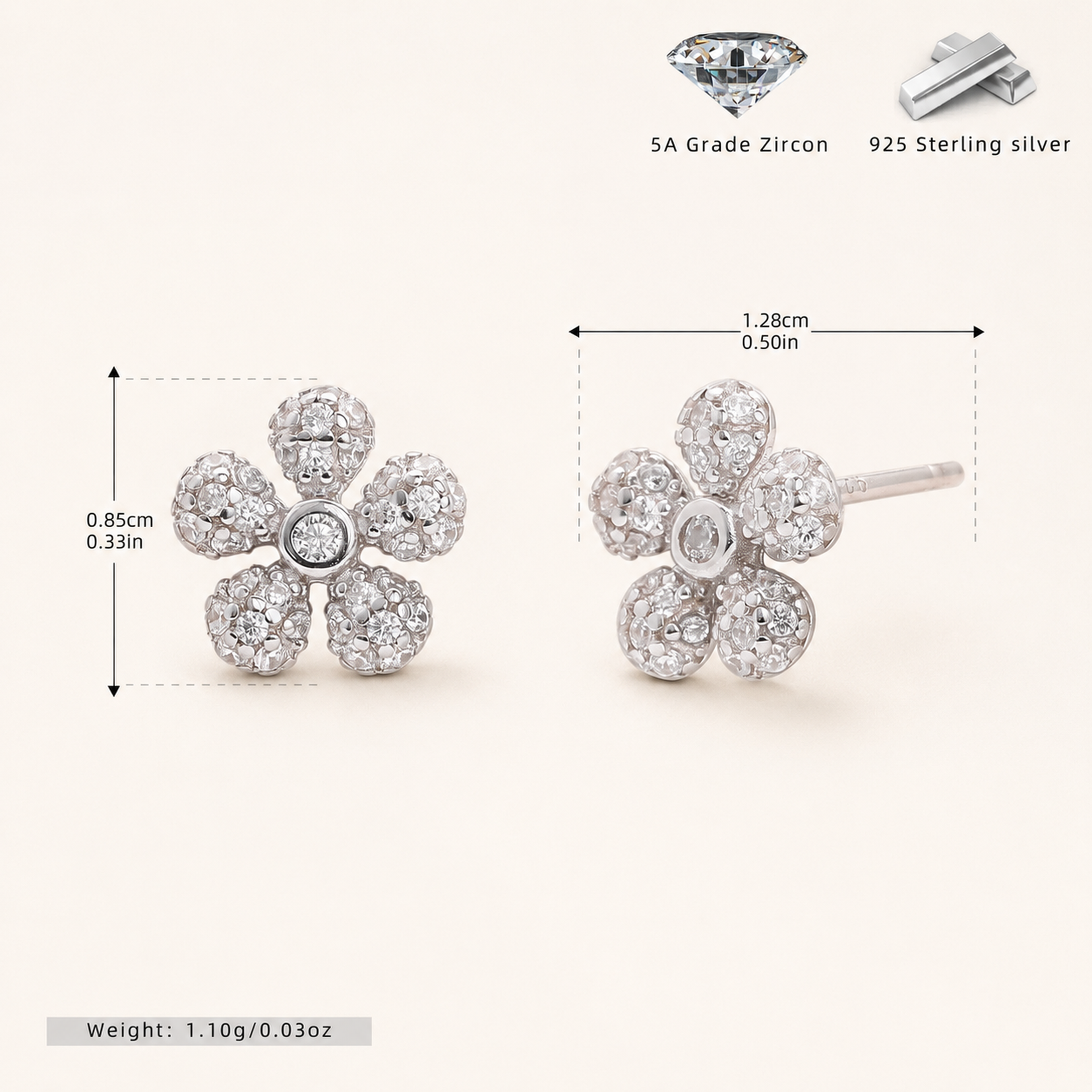 Sterling Silver Flower Zirconia Stud Earrings - Platinum