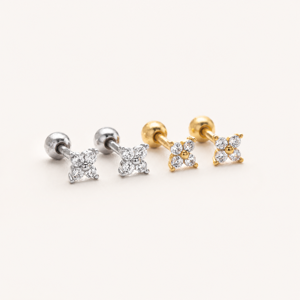 Sterling Silver Three-Stone Zirconia Cartilage Flat Back Earrings detail