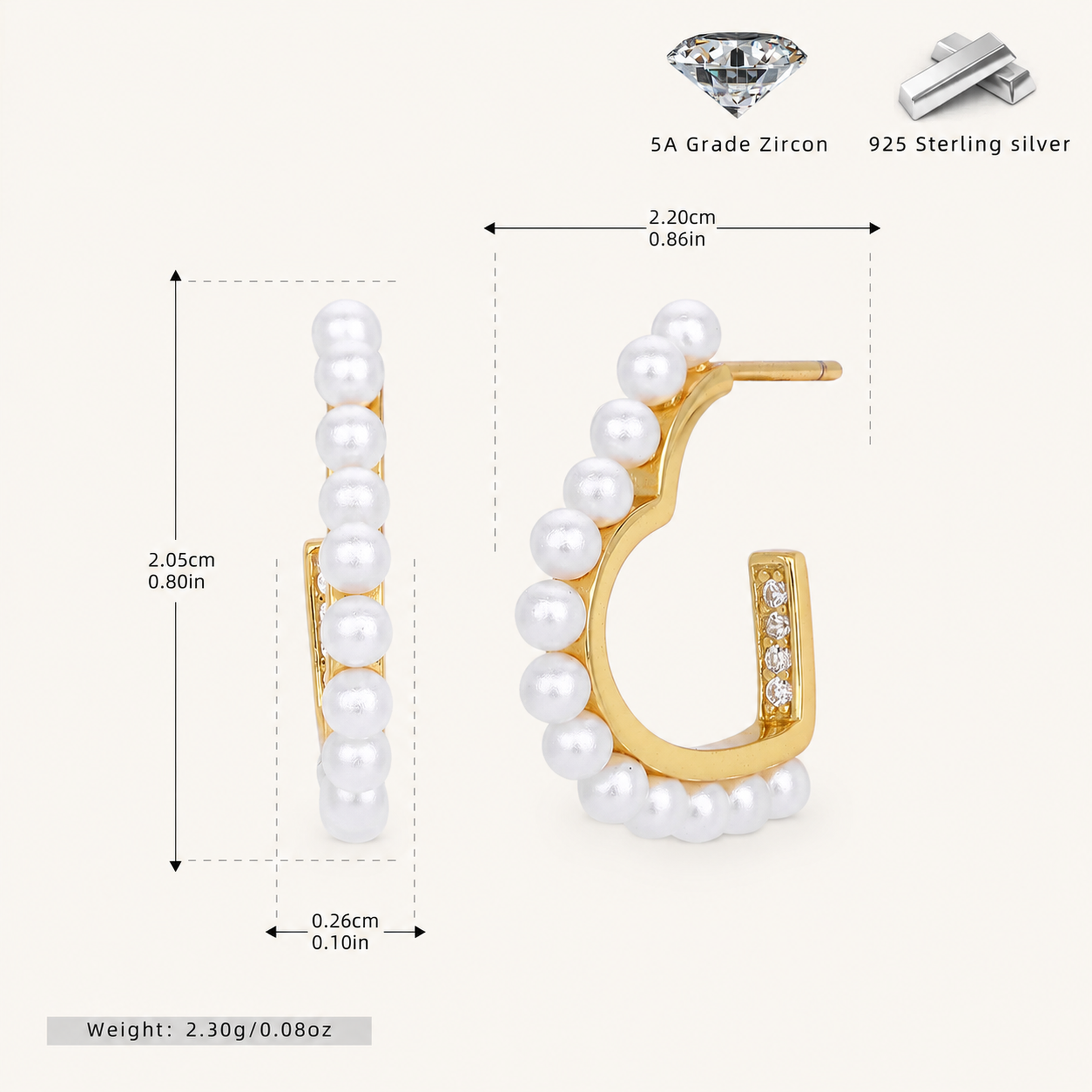 Sterling Silver Heart & Pearl Stud Earrings - Gold