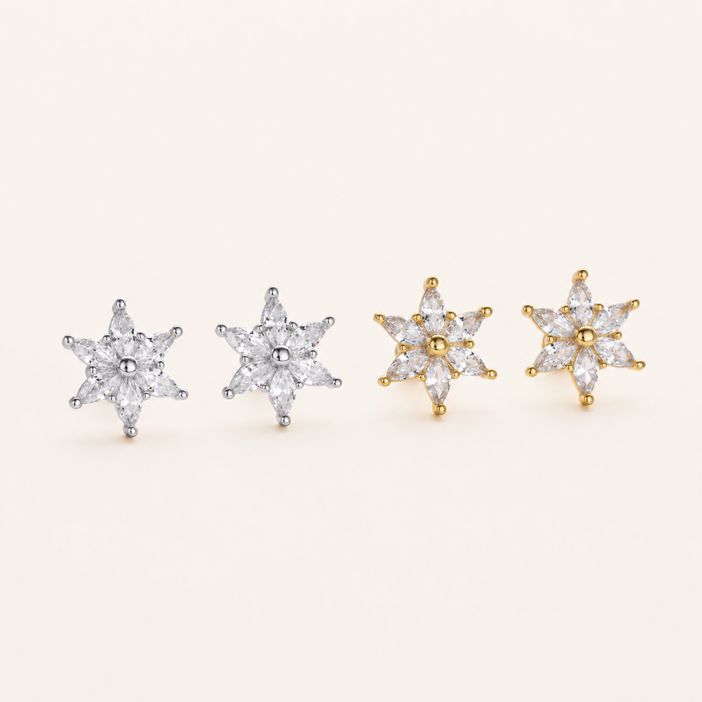 Sterling Silver Zirconia Flower Flat Back Earrings detail
