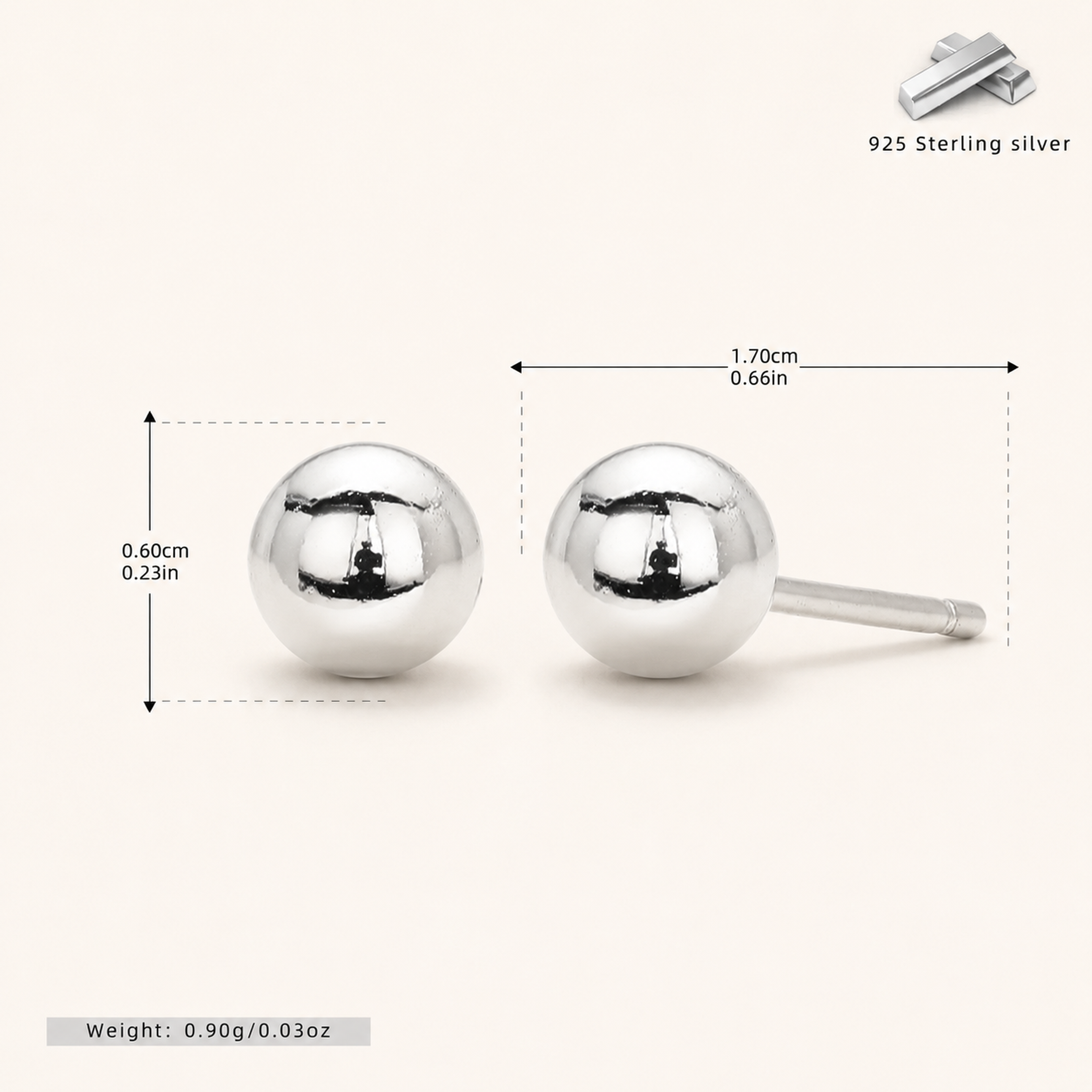 Sterling Silver Ball Bead Stud Earrings - Platinum / 6mm