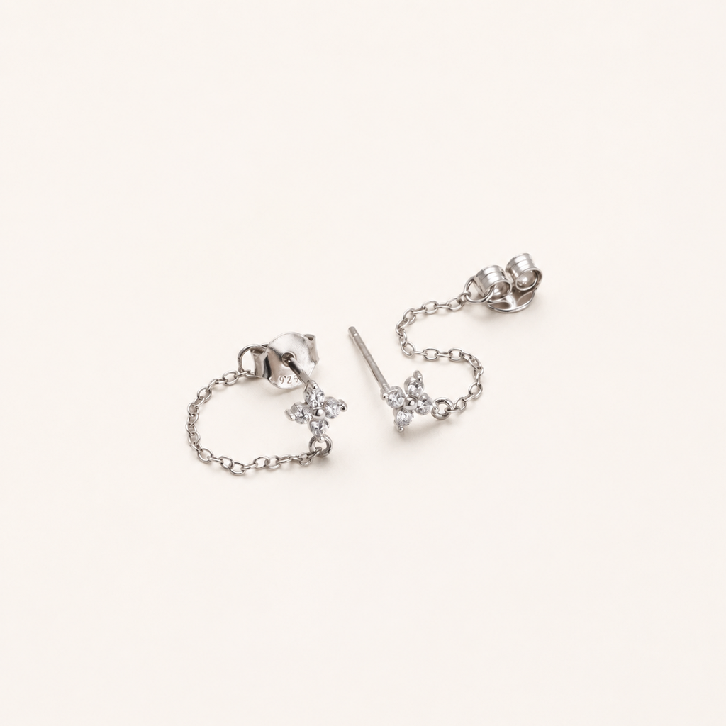 Sterling Silver Zirconia Flower Tassel Drop Stud Earrings detail