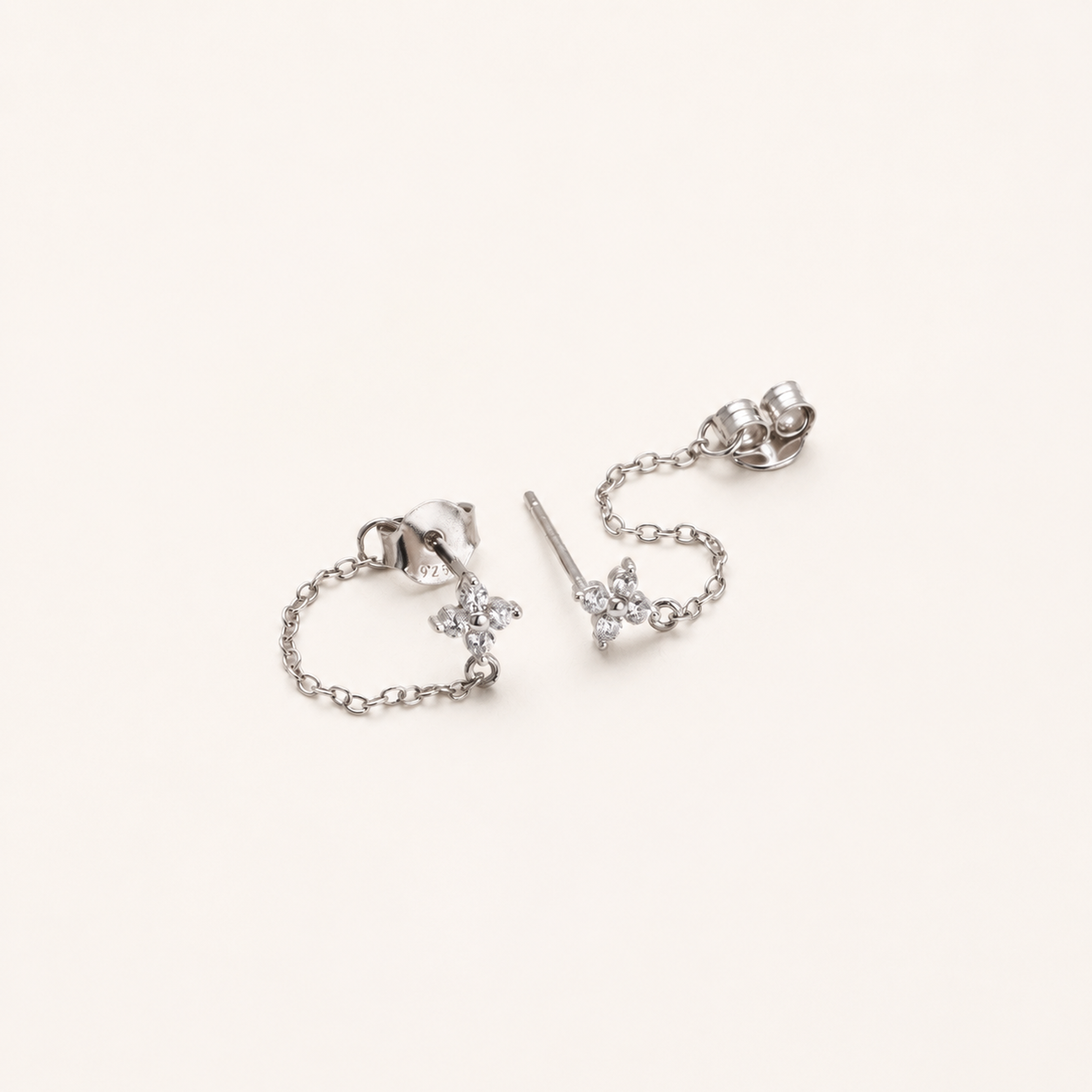 Sterling Silver Zirconia Flower Tassel Drop Stud Earrings detail