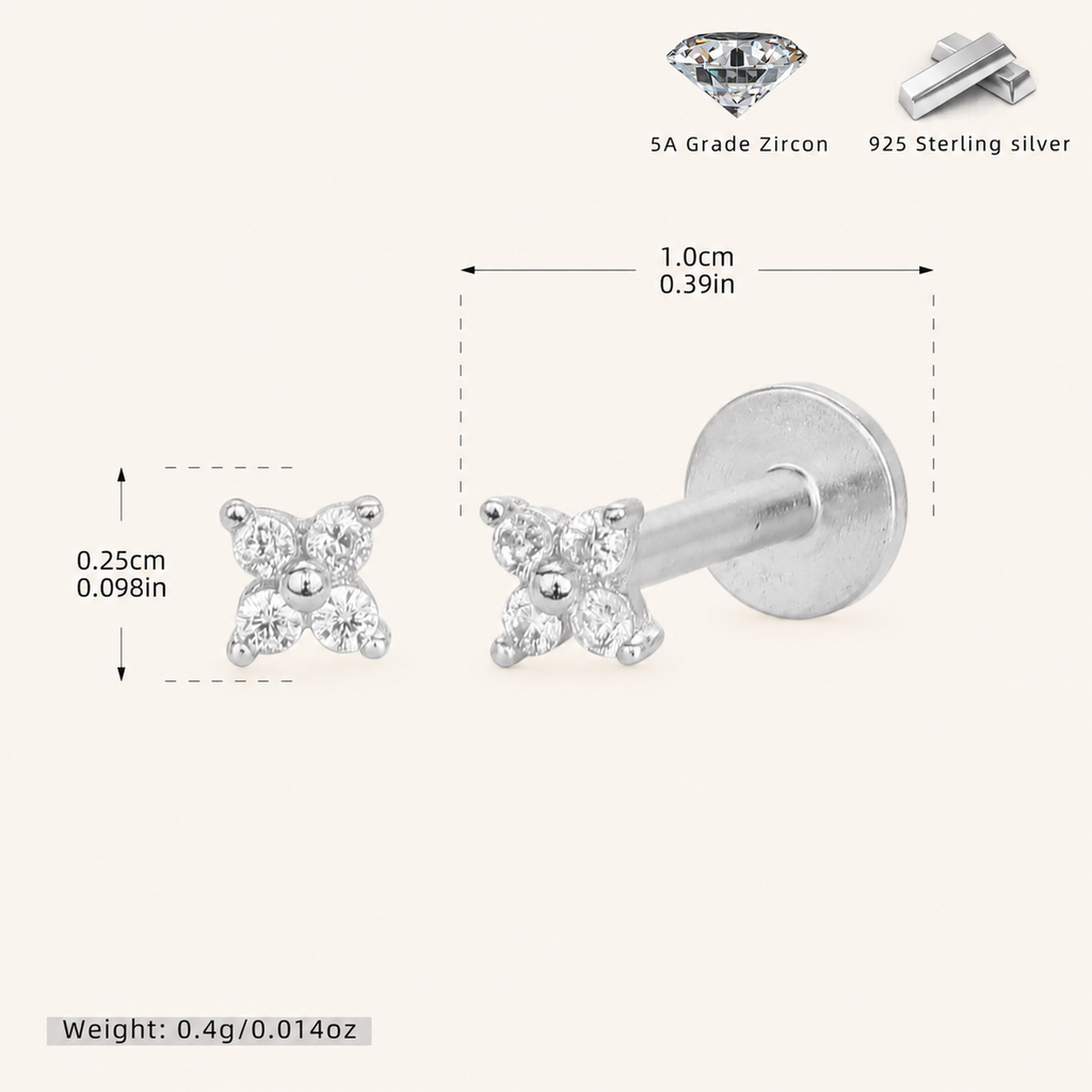 Sterling Silver Four-Leaf Clover Zirconia Flat Back Earrings - Platinum / 2.5mm