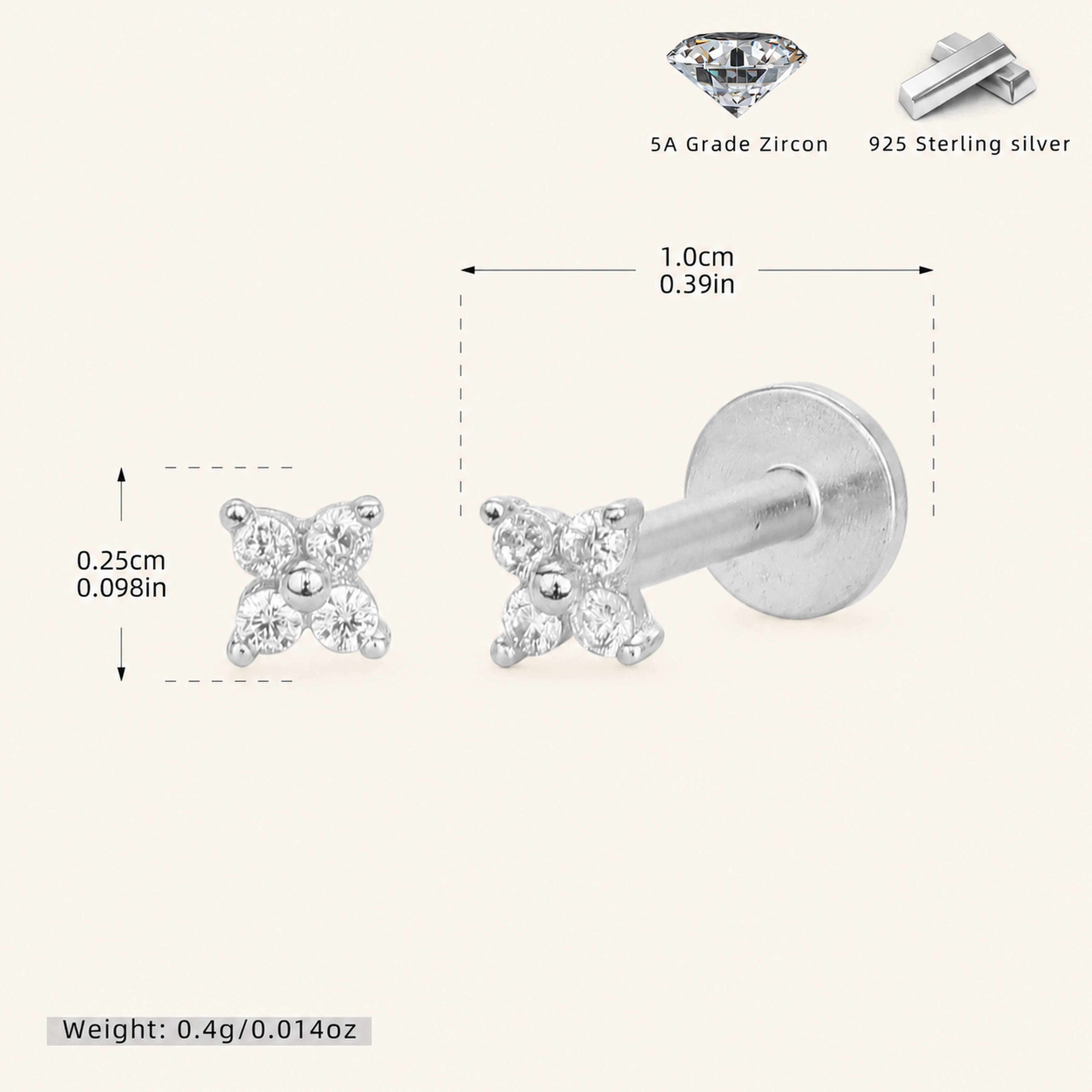 Sterling Silver Four-Leaf Clover Zirconia Flat Back Earrings - Platinum / 2.5mm