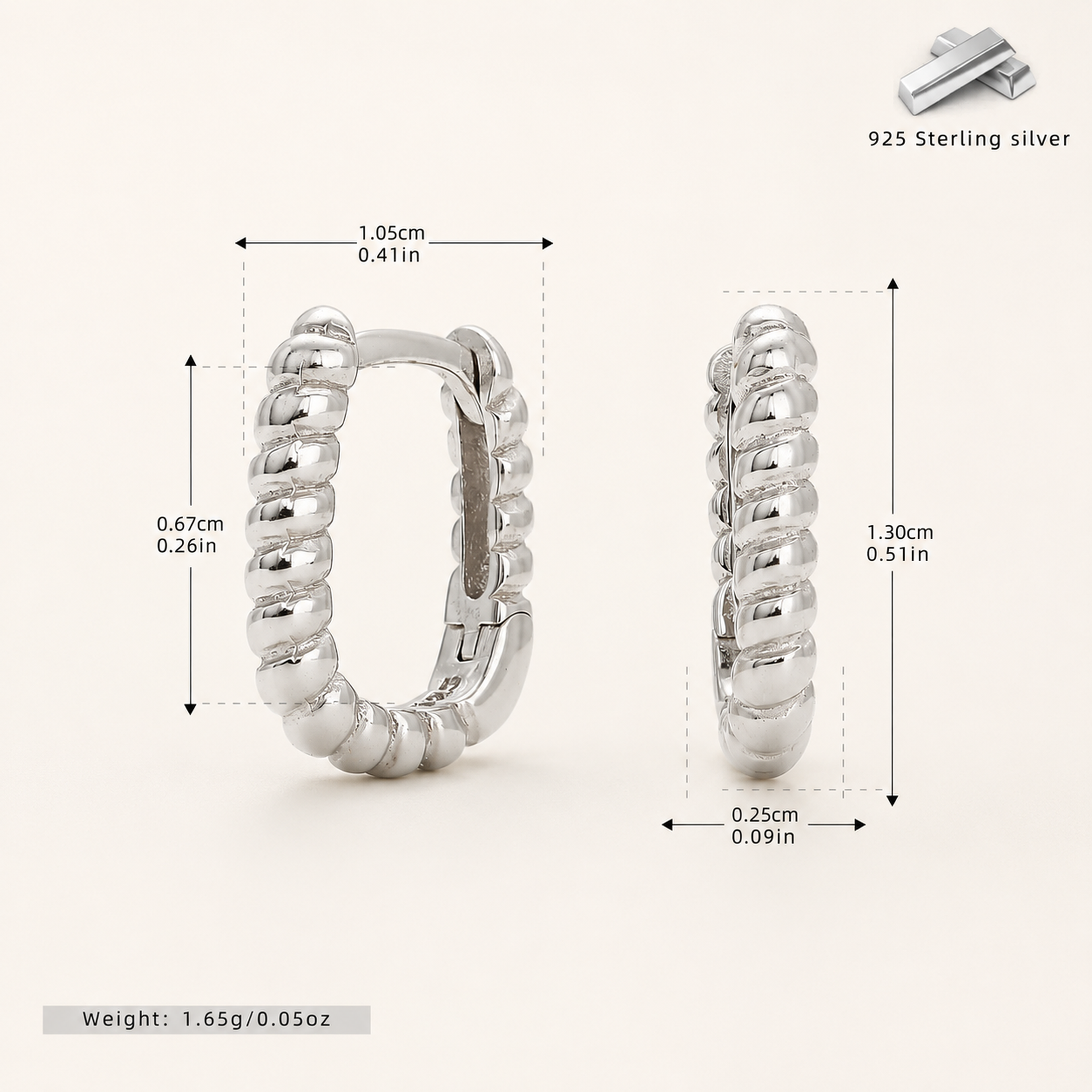 Sterling Silver Twisted Rope Rectangle Hoop Earrings - Platinum