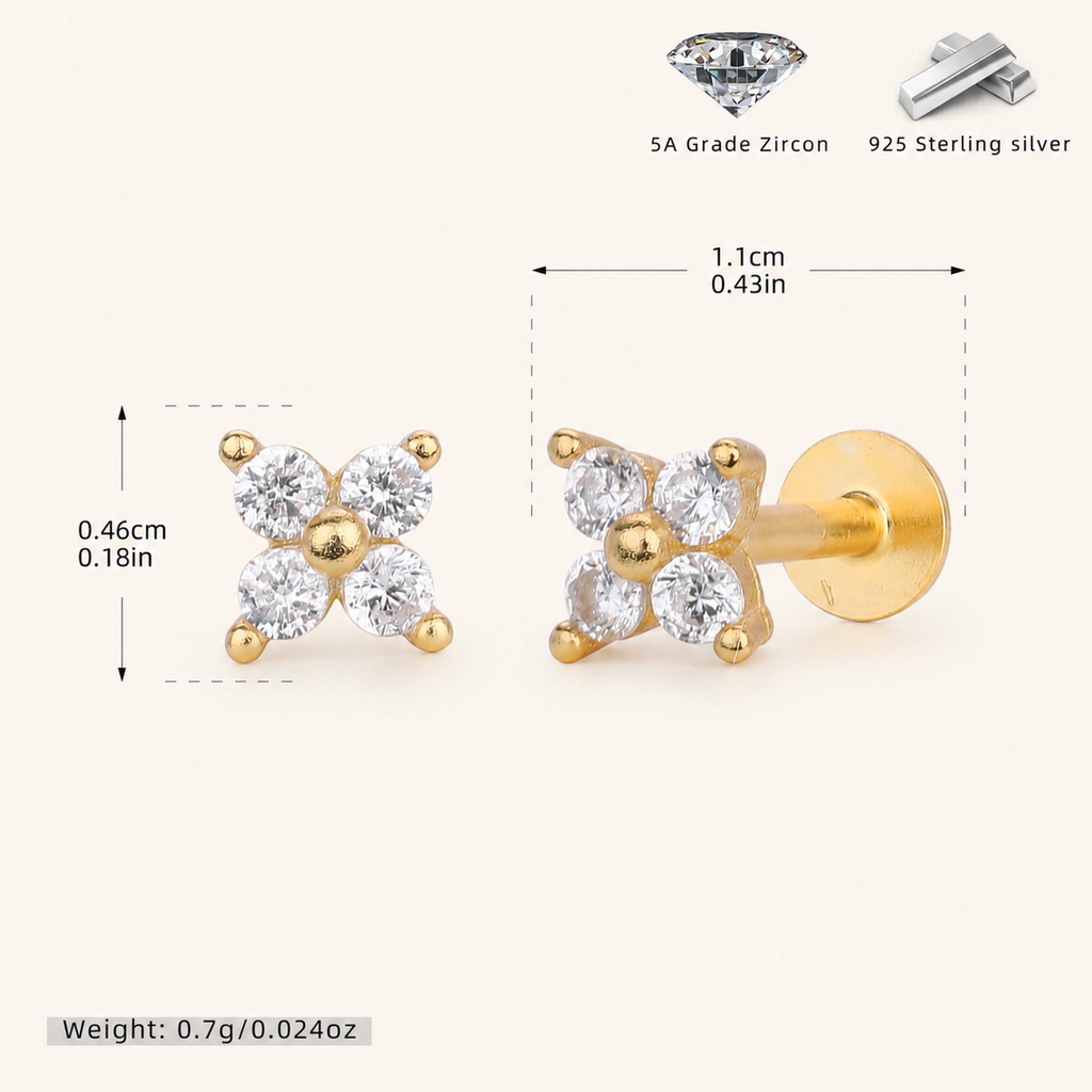 Sterling Silver Four-Leaf Clover Zirconia Flat Back Earrings - Gold / 4.5mm