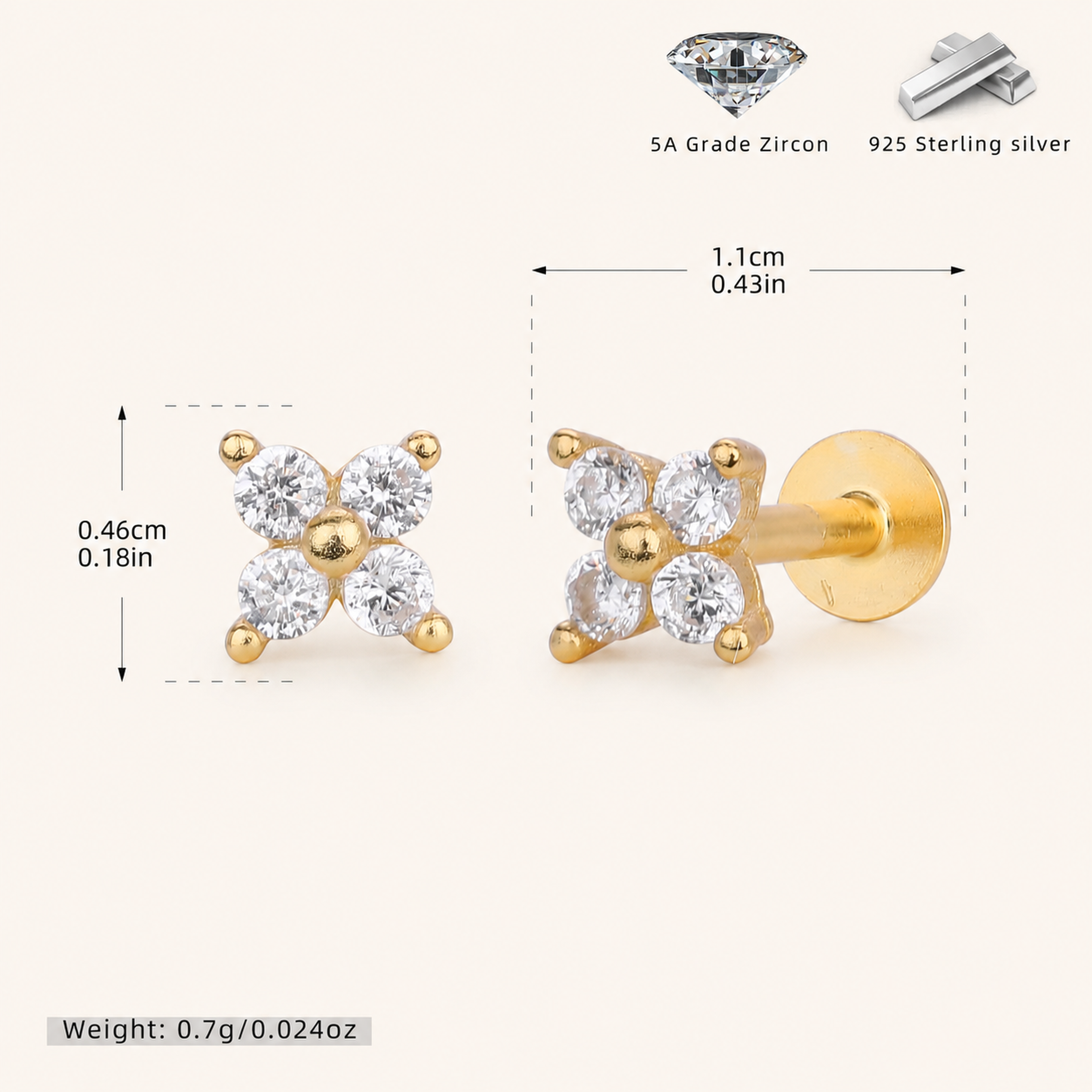 Sterling Silver Four-Leaf Clover Zirconia Flat Back Earrings - Gold / 4.5mm