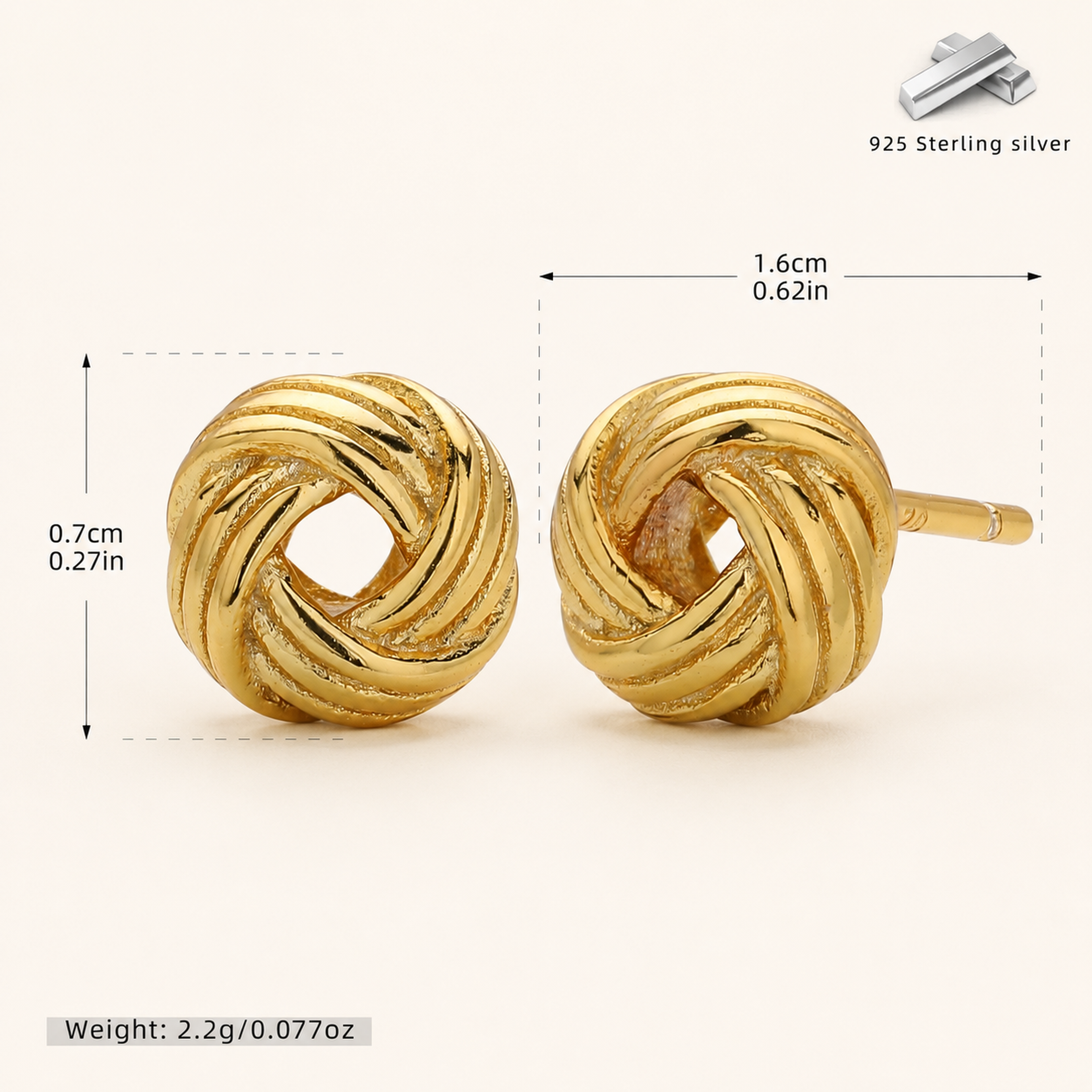 Sterling Silver Woven Ball Stud Earrings - Gold