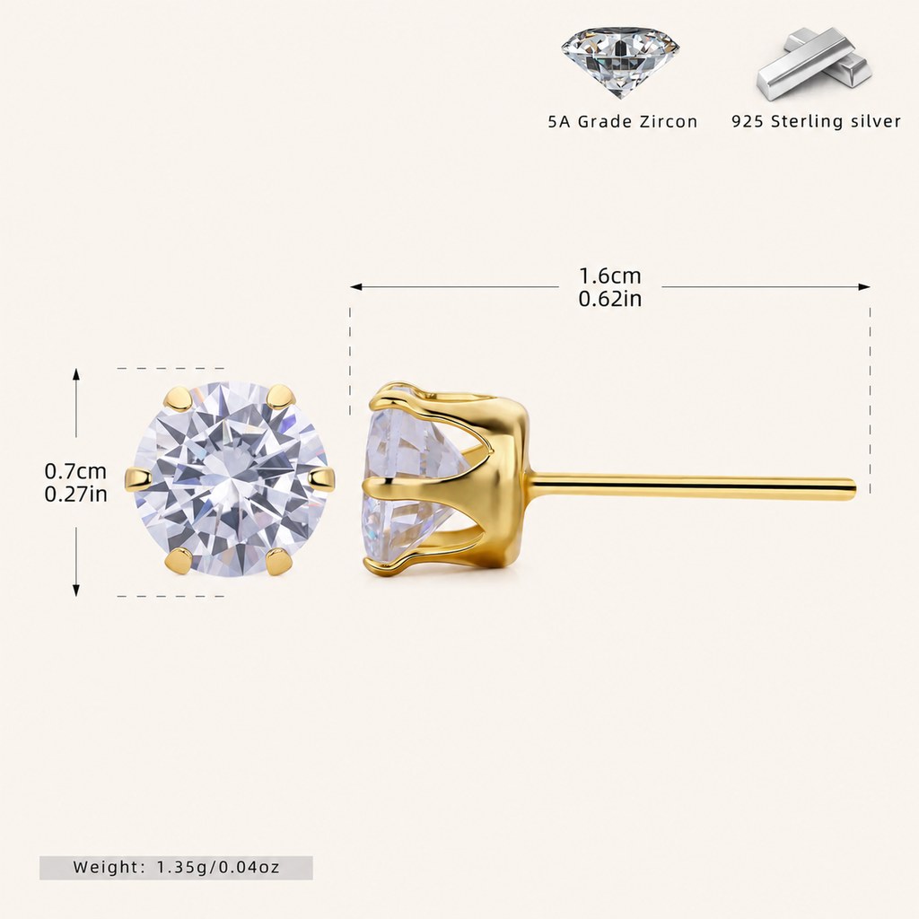 Sterling Silver Six-Prong Zirconia Stud Earrings - Gold / 7mm