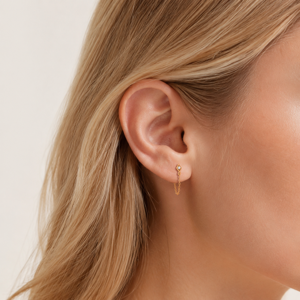 Sterling Silver Rhombus Zirconia Chain Drop Stud Earrings worn on the ear