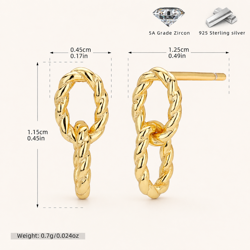 Sterling Silver Twisted Double Ring Stud Earrings - Gold
