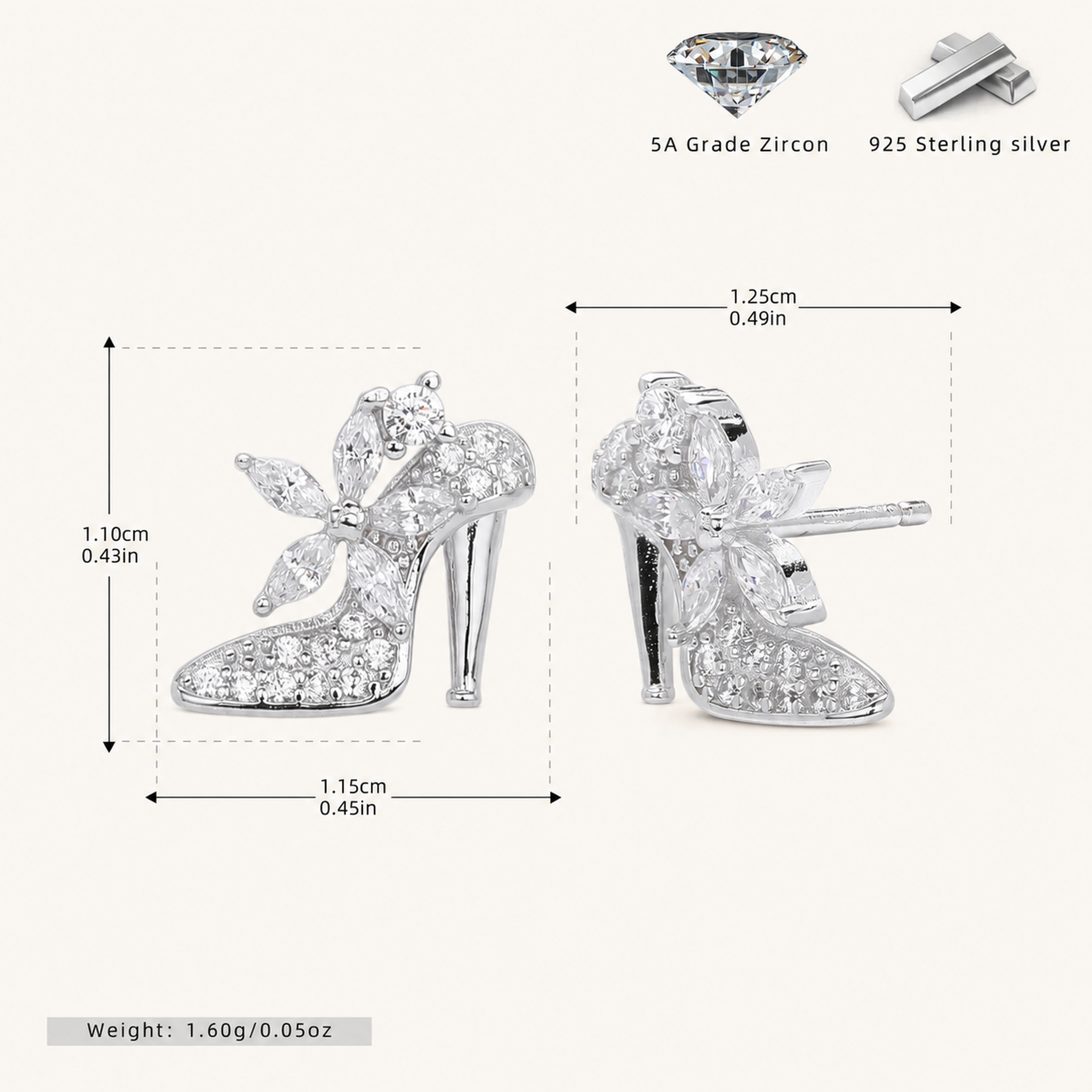 Sterling Silver High Heel Zirconia Stud Earrings - Platinum