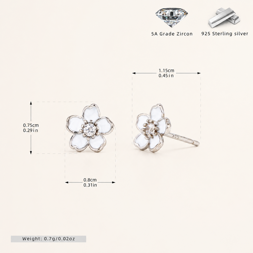 Sterling Silver Cherry Blossom Zirconia Stud Earrings - Platinum / 1