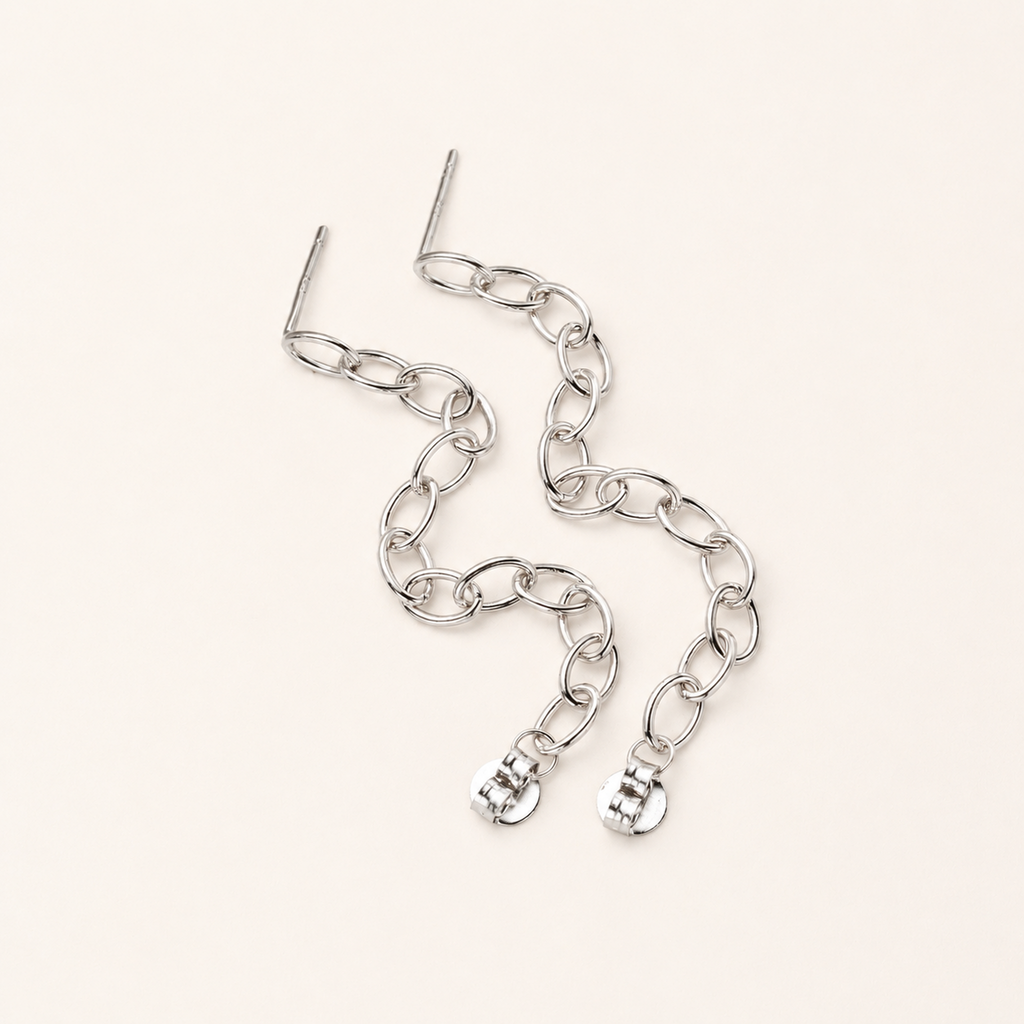 Sterling Silver Chain Tassel Drop Stud Earrings detail view