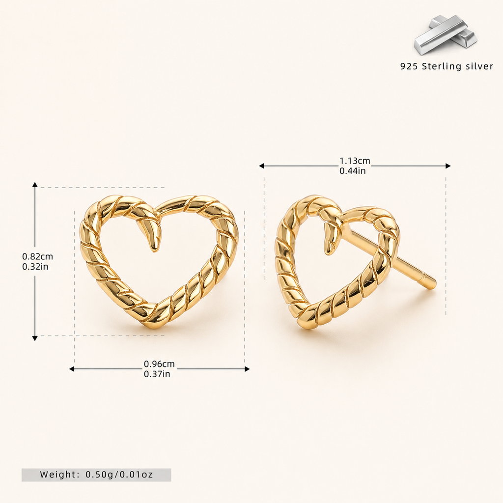 Sterling Silver Polished Heart Stud Earrings - Gold