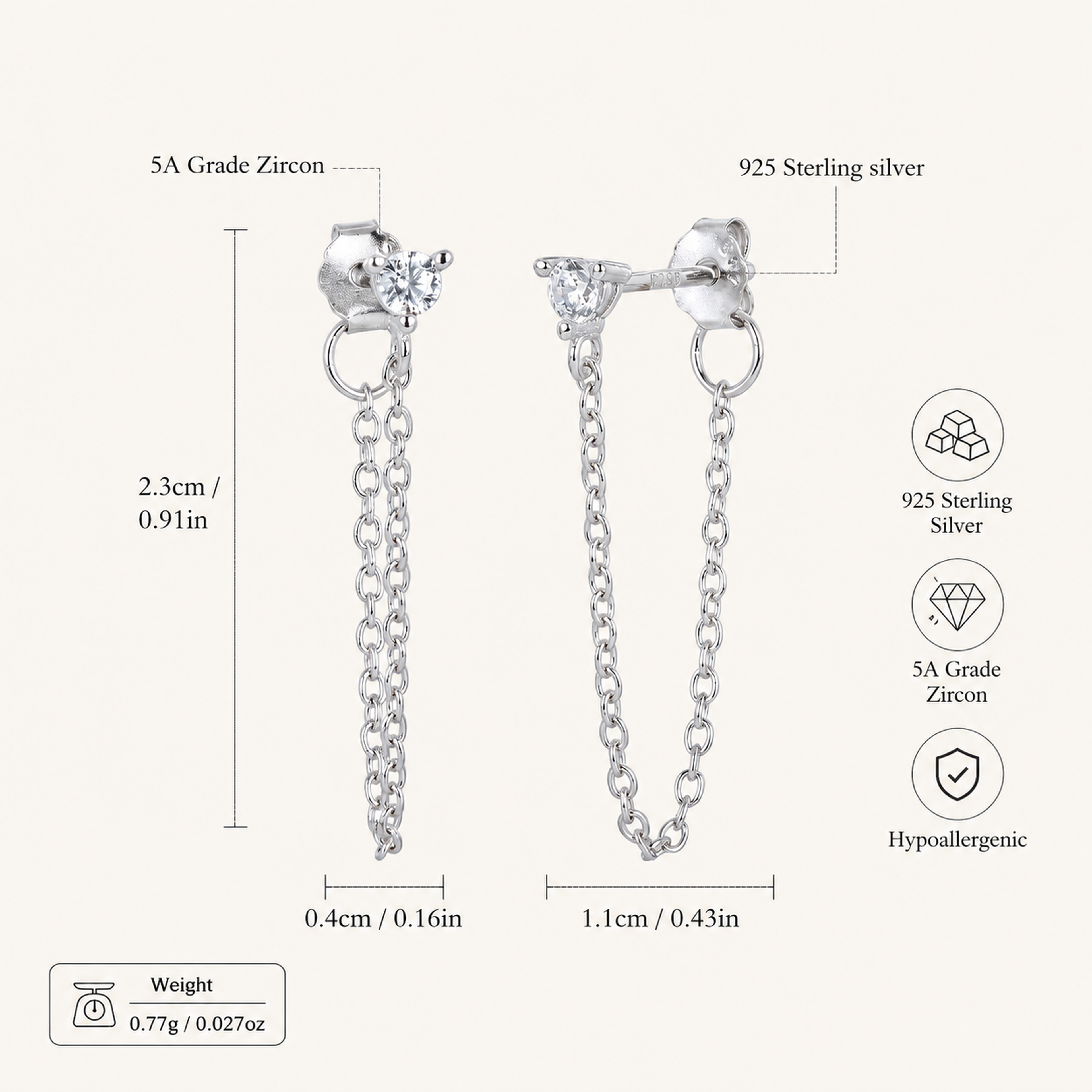 Sterling Silver Turquoise Chain Threader Earrings - Platinum / White
