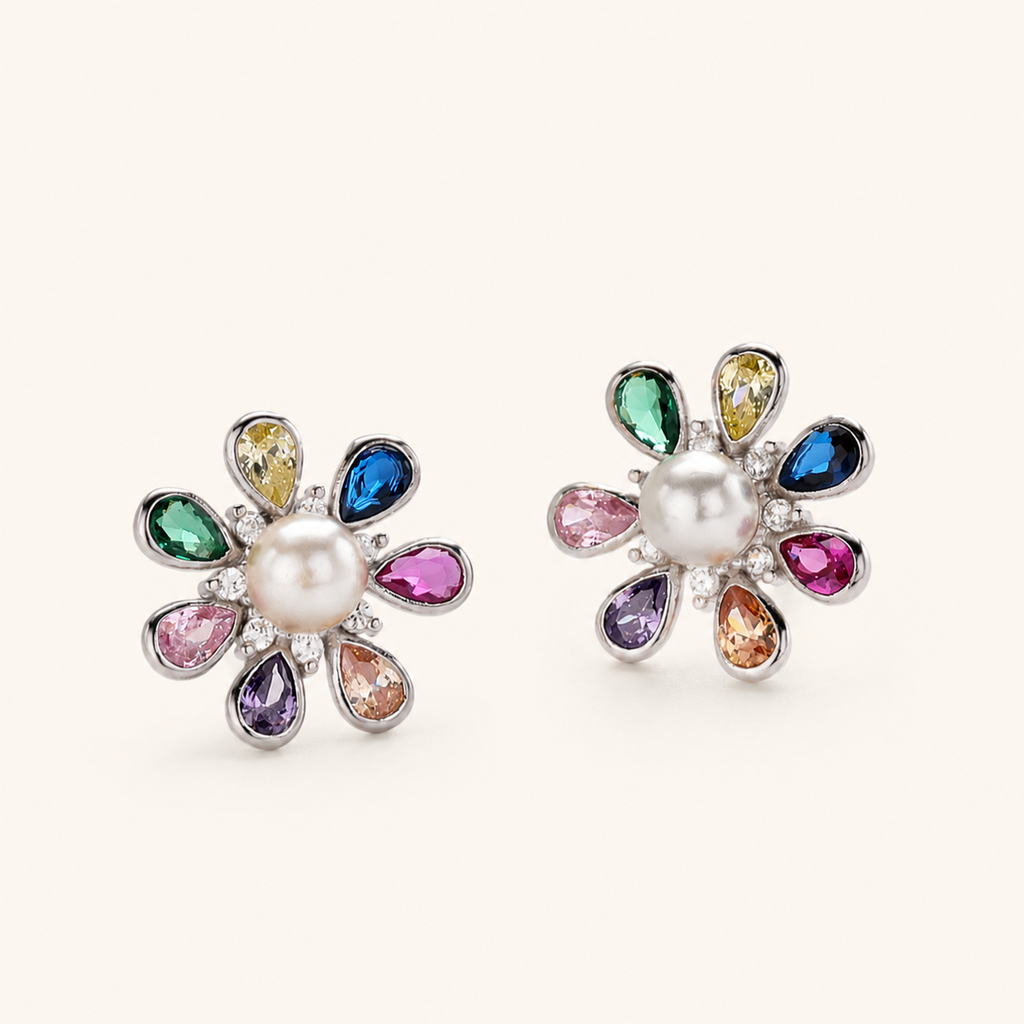 Sterling Silver Flower Pearl Stud Earrings detail view