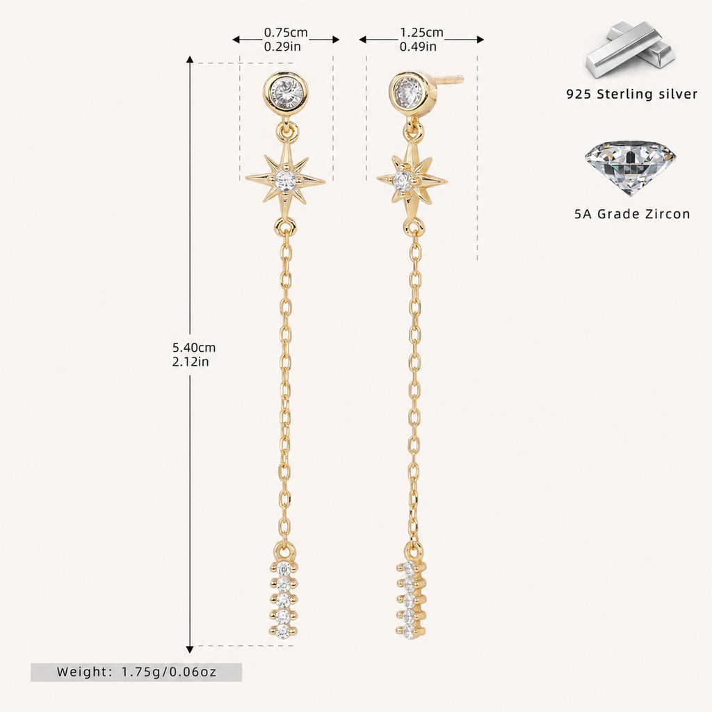 Sterling Silver Zirconia Tassel Chain Drop Stud Earrings - Gold