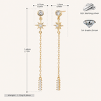 Sterling Silver Zirconia Tassel Chain Drop Stud Earrings - Gold