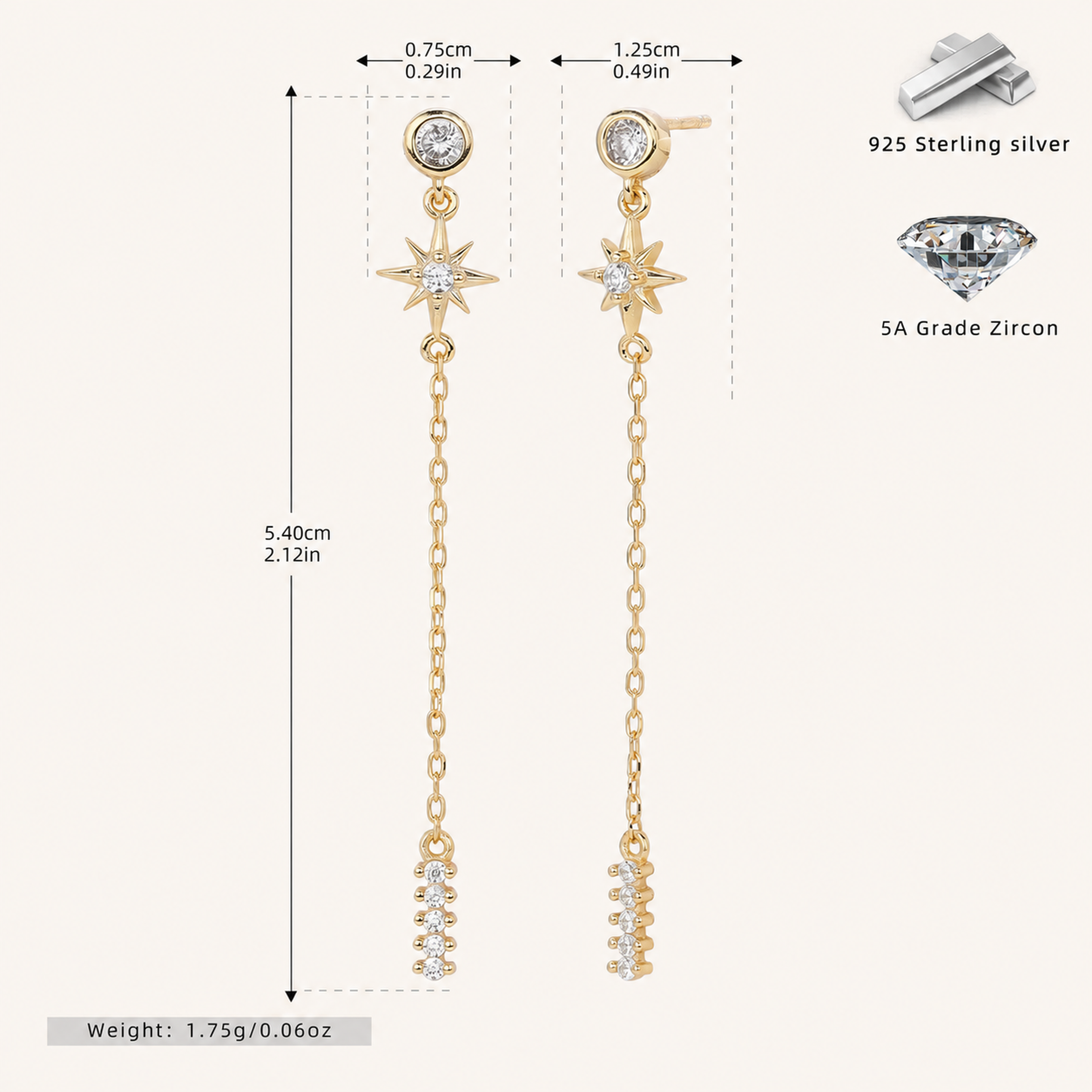 Sterling Silver Zirconia Tassel Chain Drop Stud Earrings - Gold