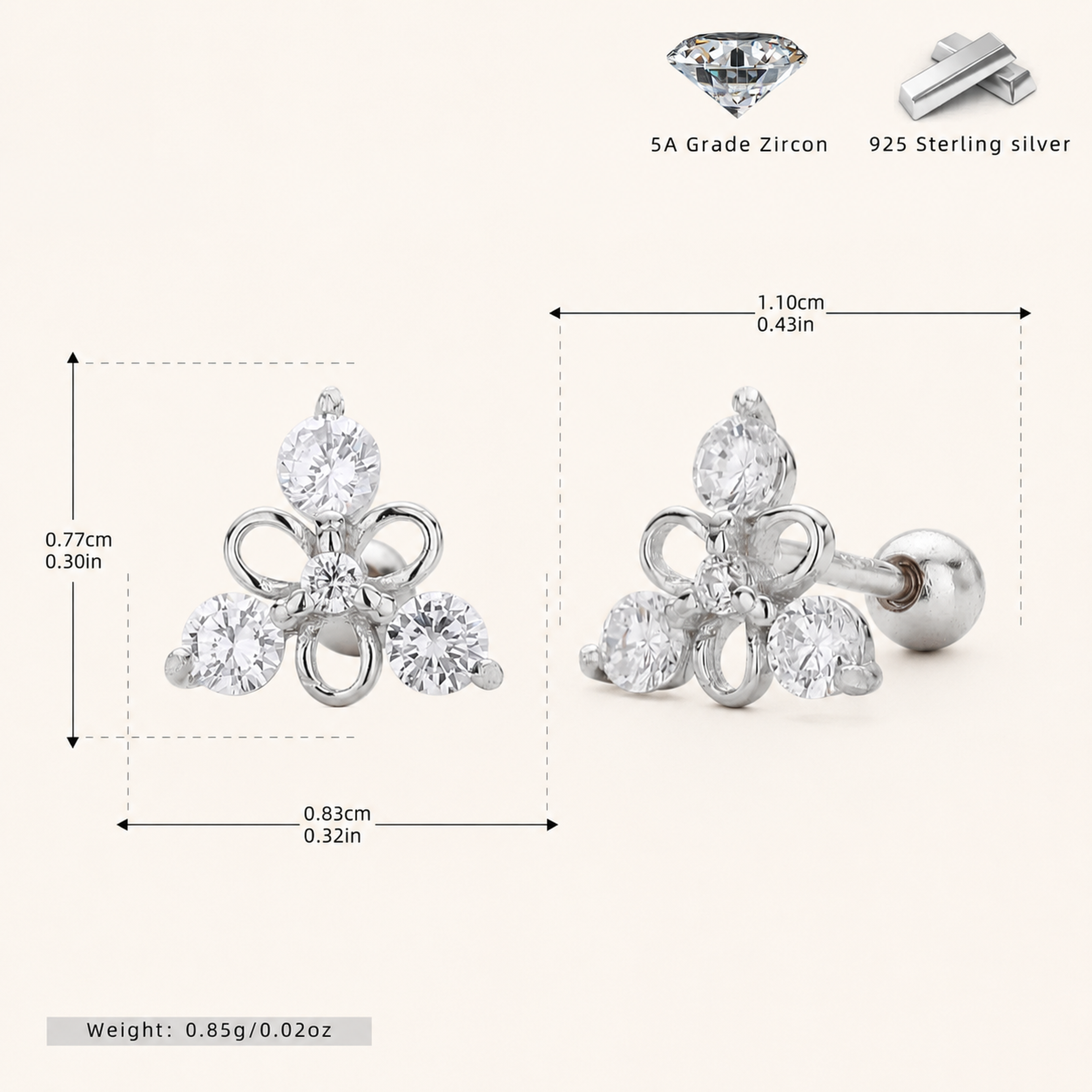 Sterling Silver Triangle Zirconia Flat Back Earrings - Platinum / White