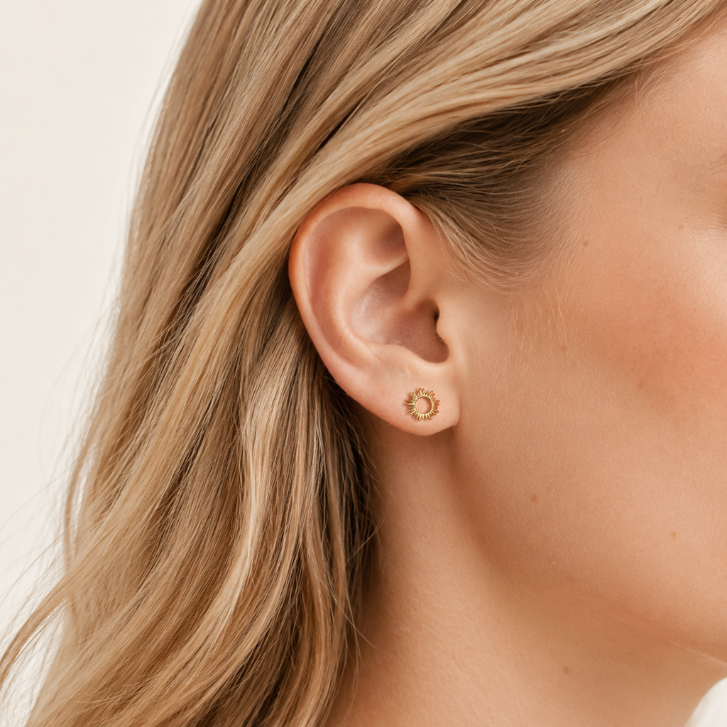Sterling Silver Little Sun Stud Earrings worn on the ear