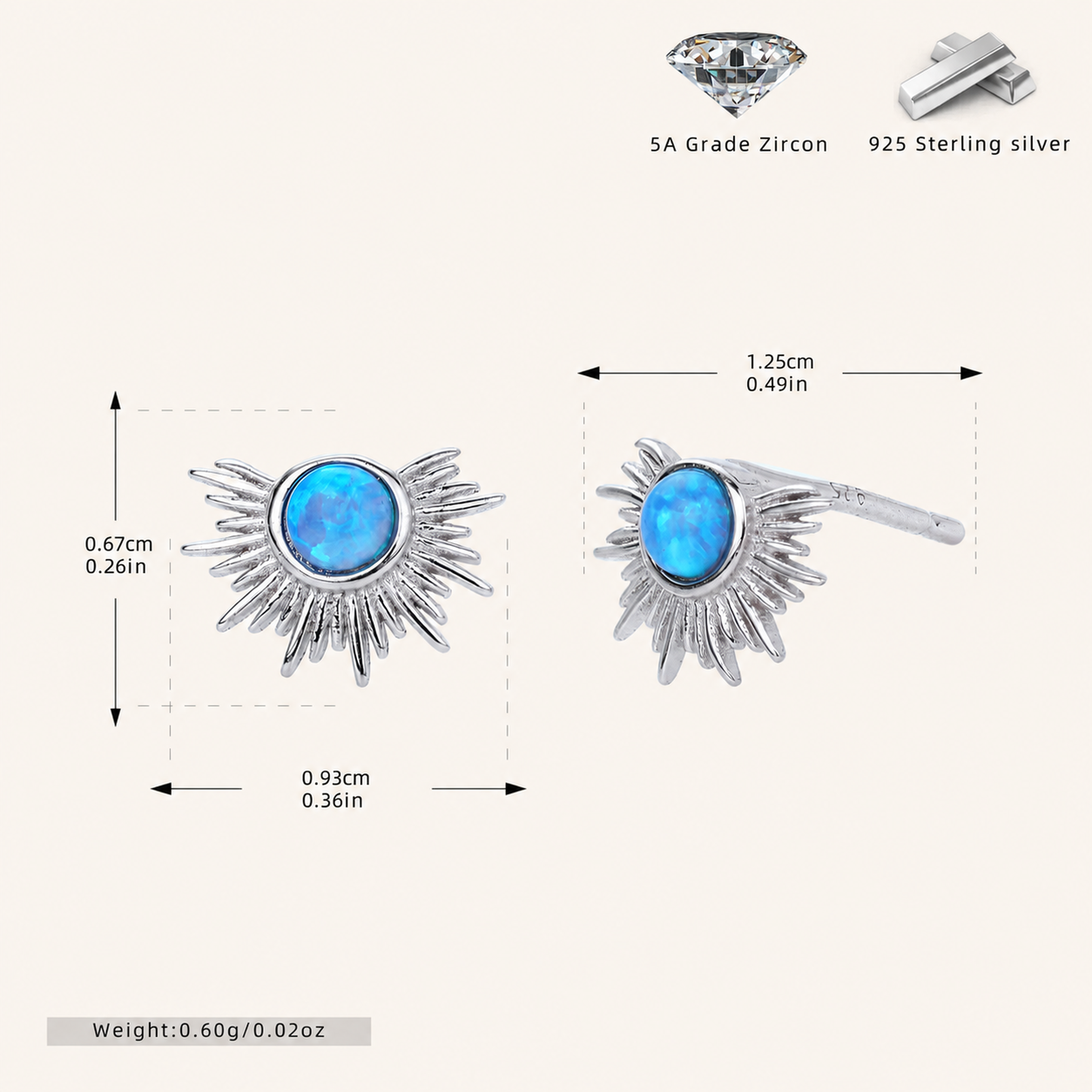 Sterling Silver French Fan Opal Stud Earrings - Platinum / Blue