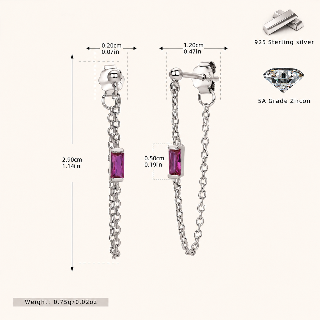 Sterling Silver Multicolor Zirconia Chain Drop Stud Earrings - Platinum / Red