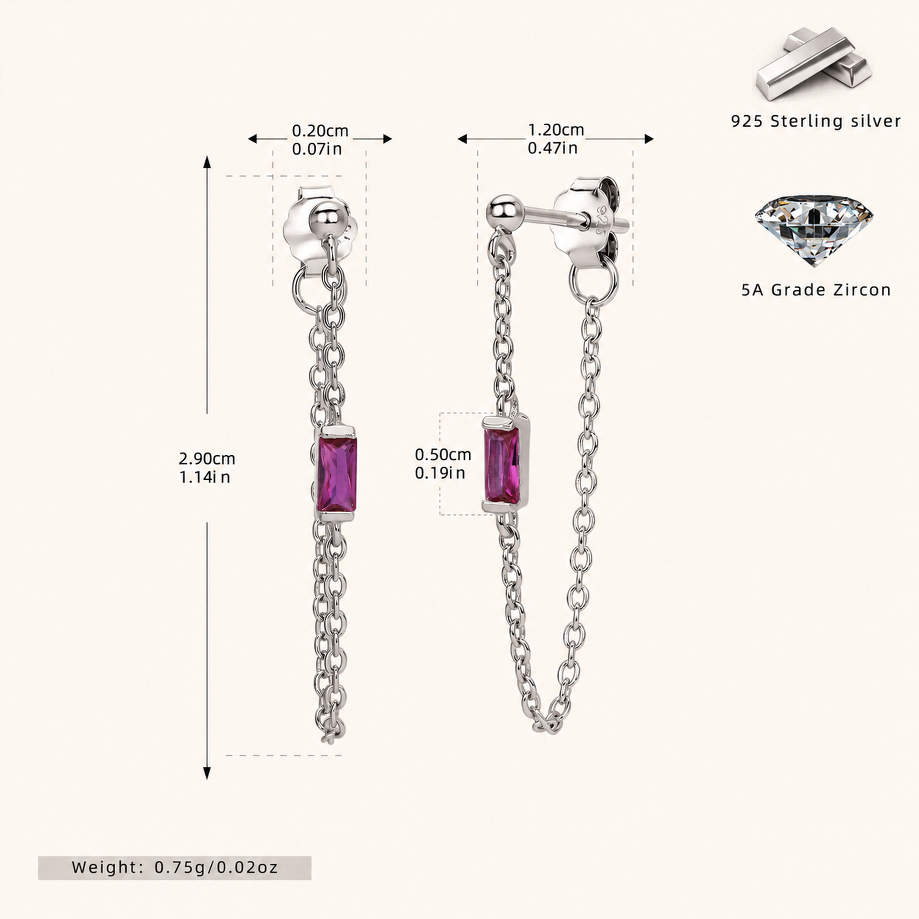 Sterling Silver Multicolor Zirconia Chain Drop Stud Earrings - Platinum / Red