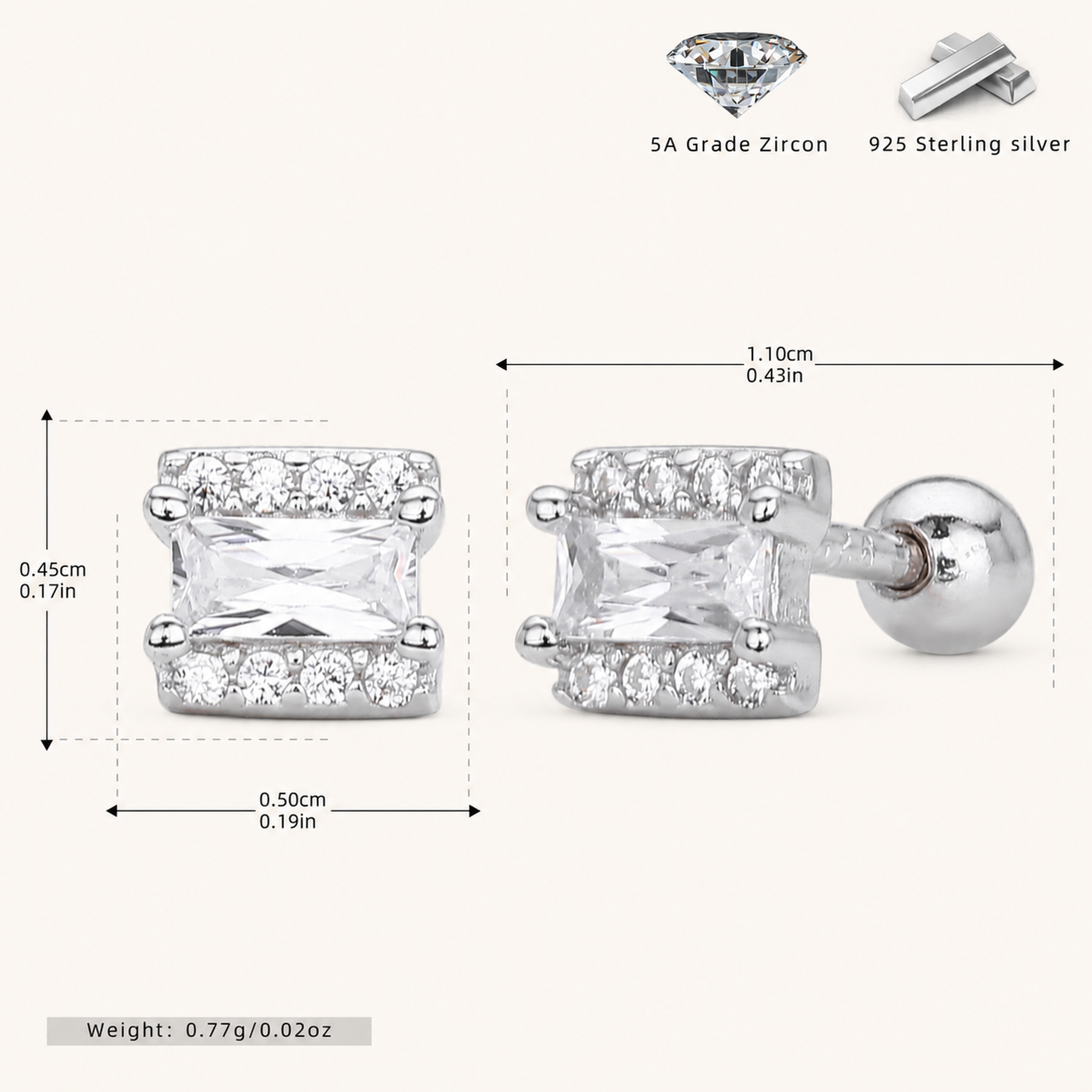 Sterling Silver Square Zirconia Flat Back Earrings - Platinum