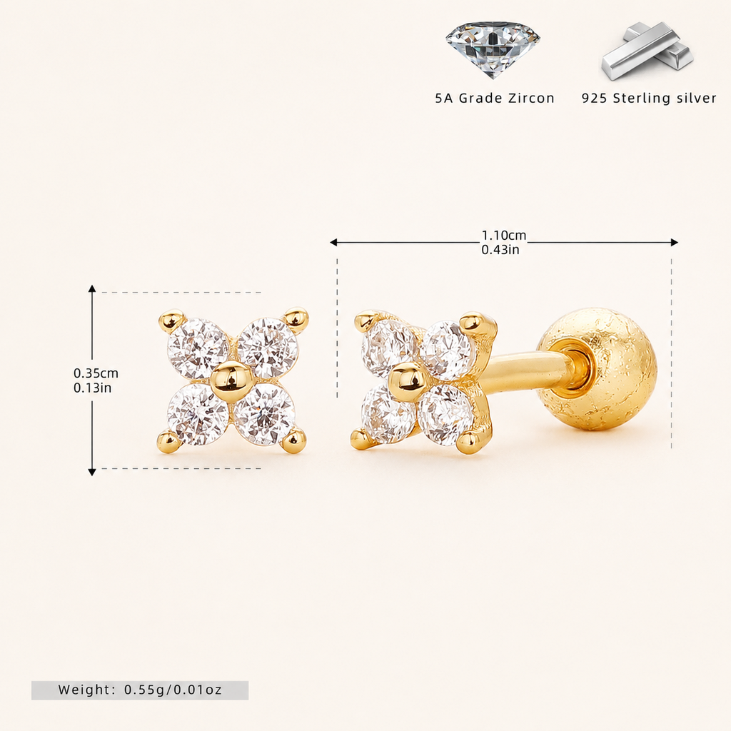 Sterling Silver Three-Stone Zirconia Cartilage Flat Back Earrings - Gold