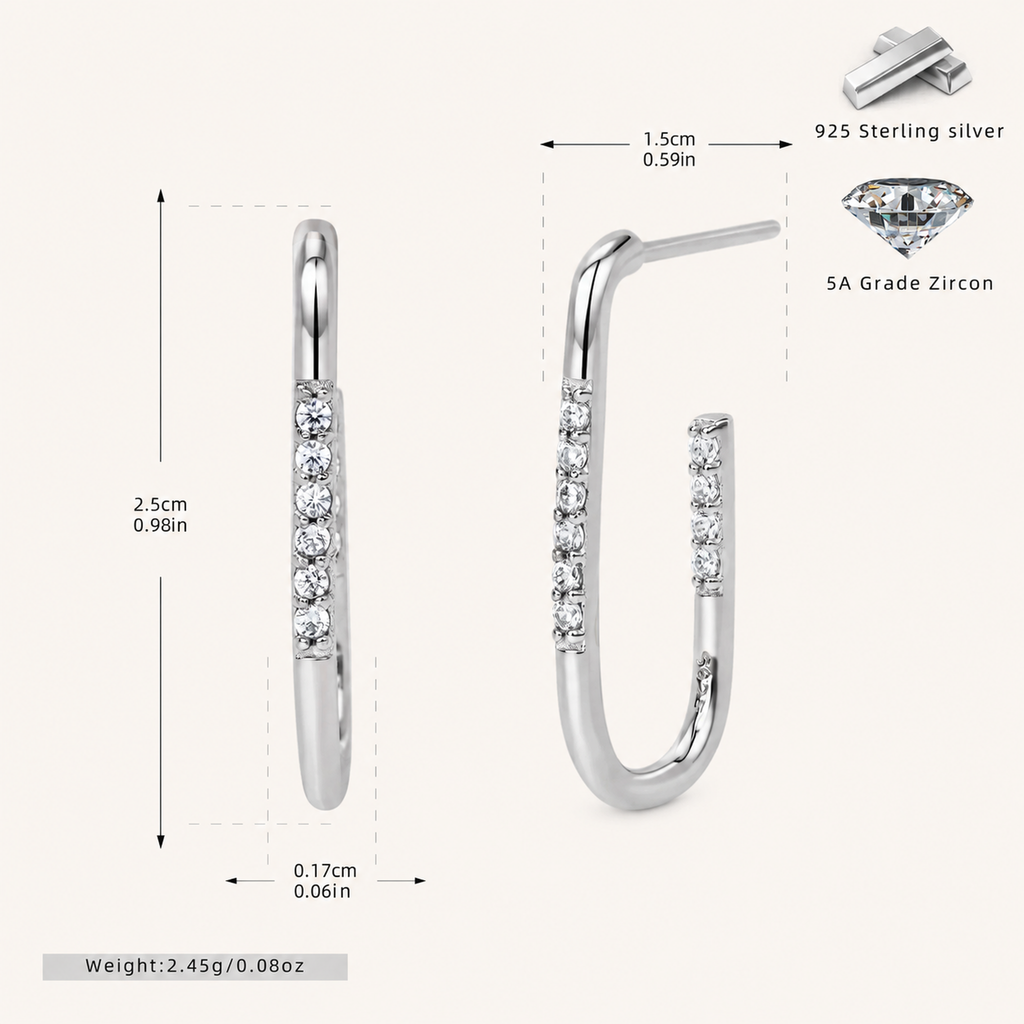 Sterling Silver Geometric U-Shape Zirconia Stud Earrings - Platinum