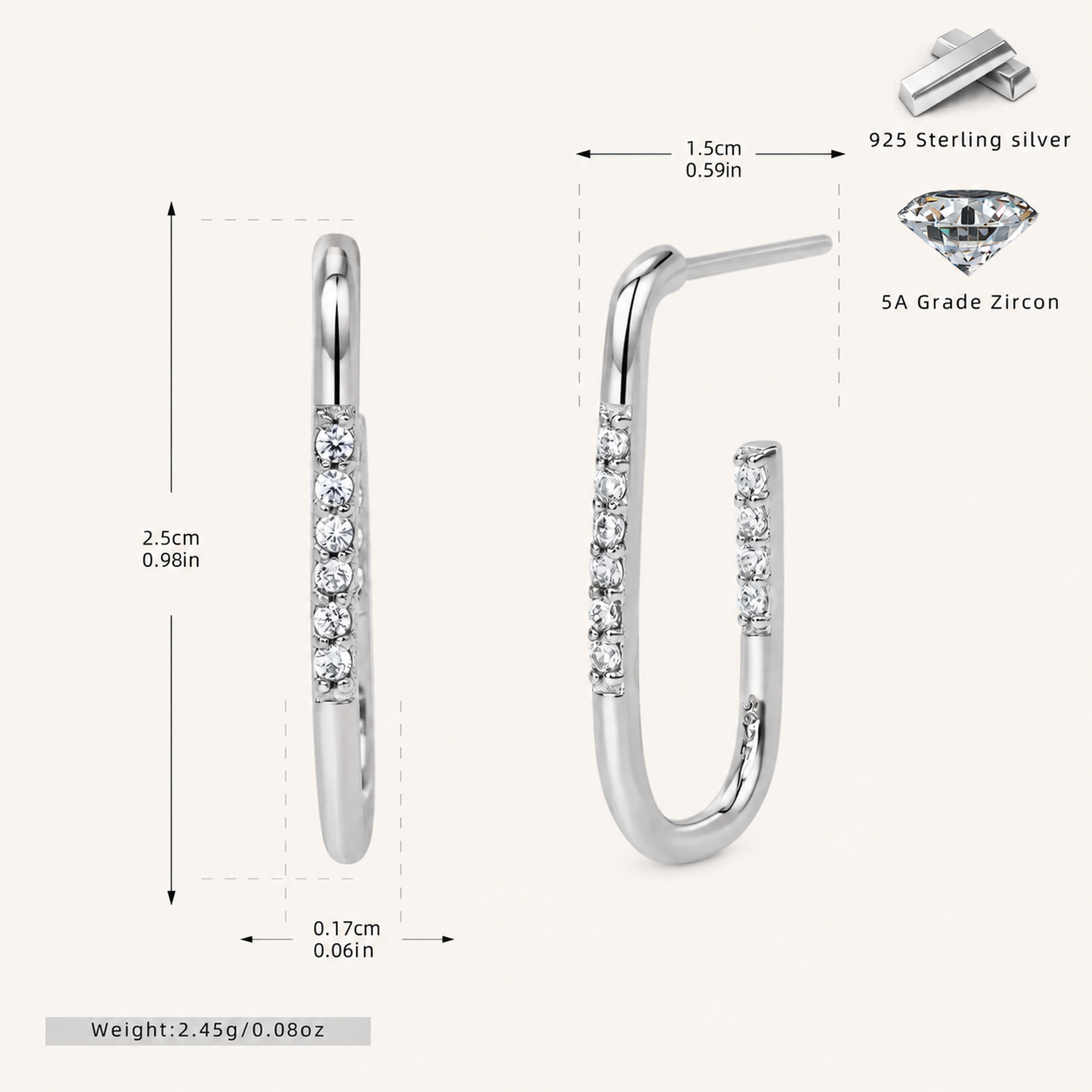 Sterling Silver Geometric U-Shape Zirconia Stud Earrings - Platinum