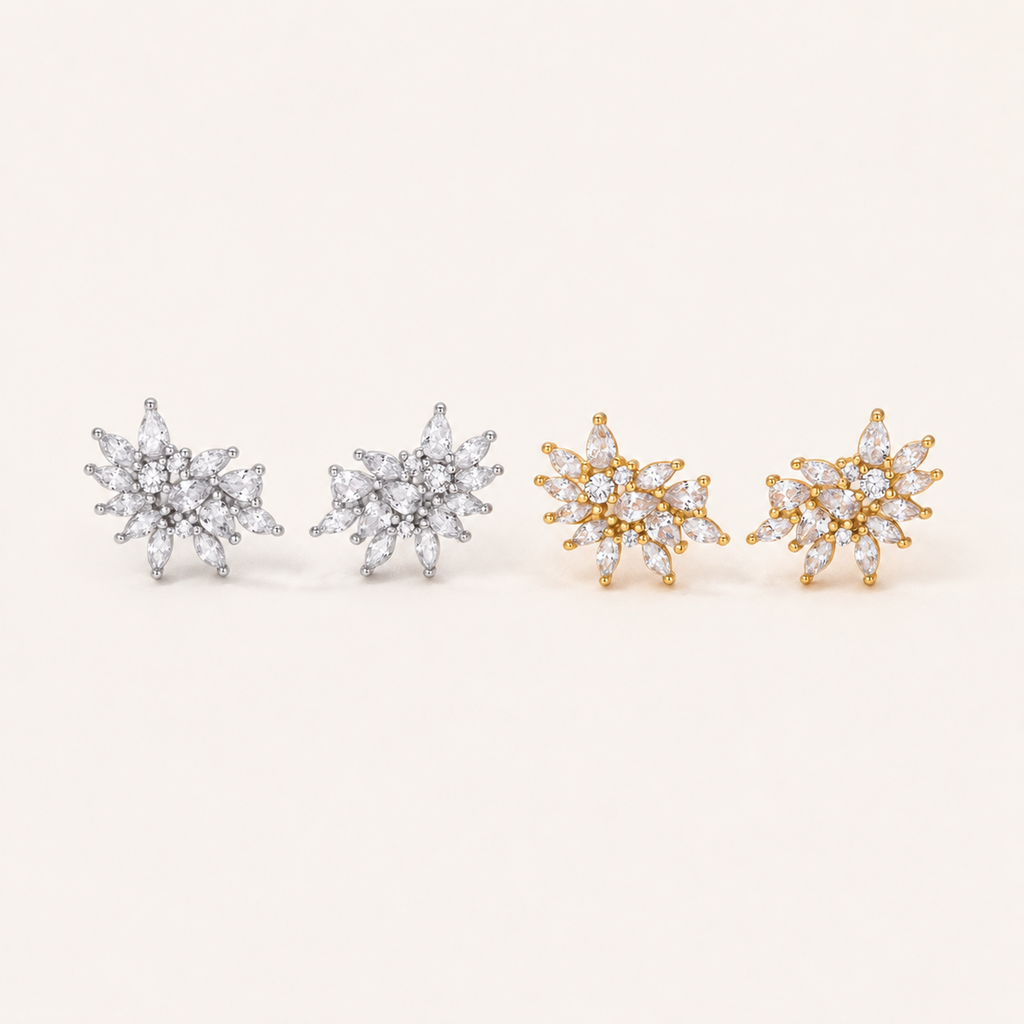 Sterling Silver Snowflake Zirconia Stud Earrings detail view