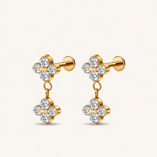 Flower Crystal Drop Titanium Flat Back Earring - Gold