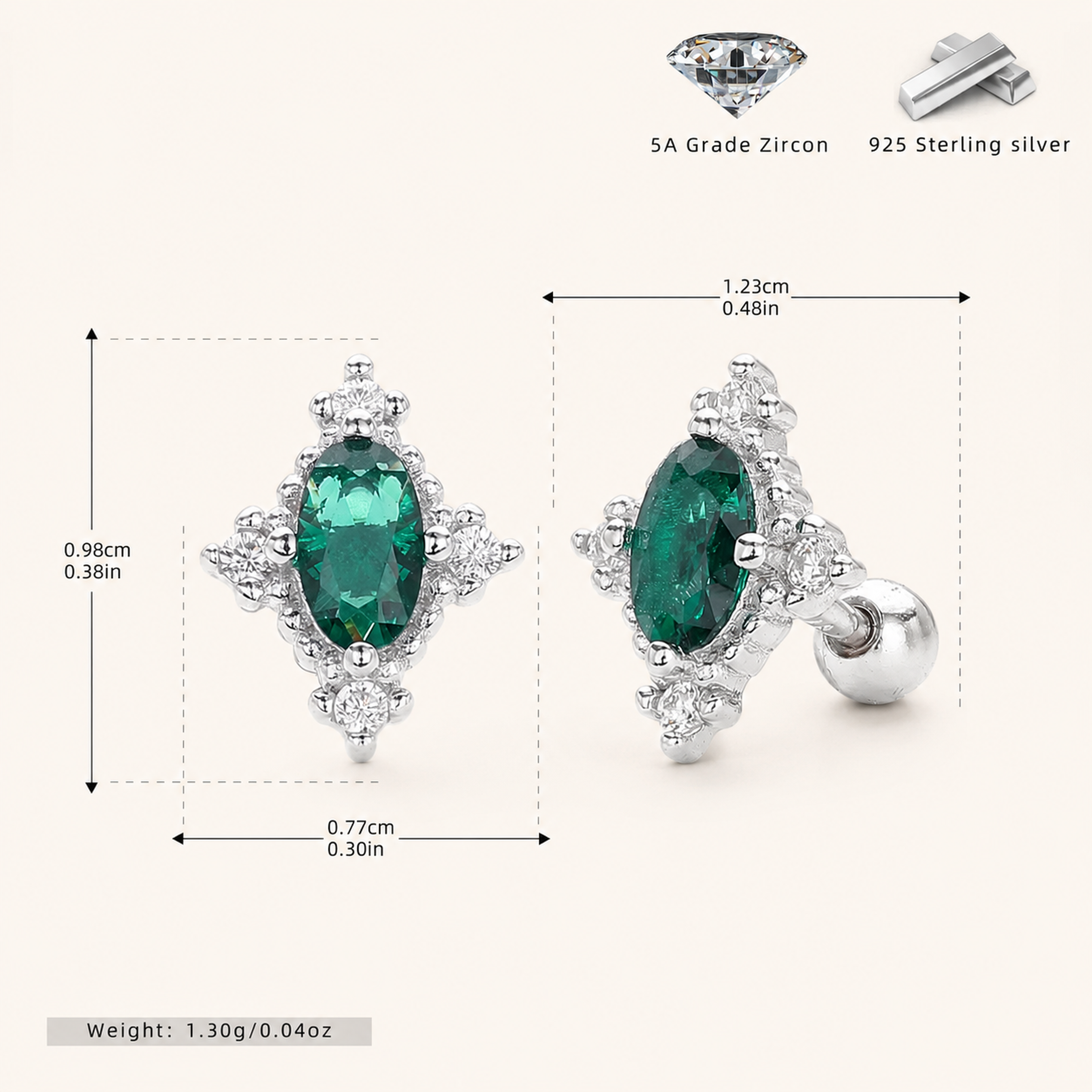 Sterling Silver Vintage Emerald-Cut Zirconia Flat Back Earrings - Platinum / Green
