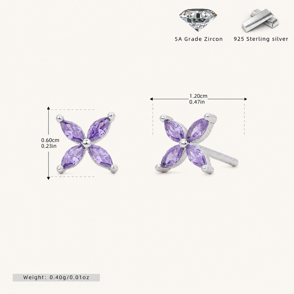 Sterling Silver Marquise Zirconia Flower Stud Earrings - Platinum / Purple Zircon